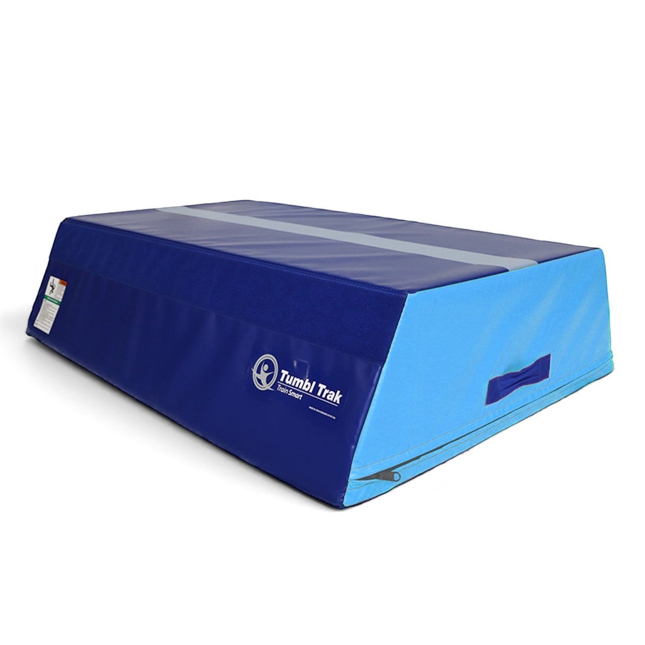 UK Gym Pits Tumbl Trak pyramid beam block in blue with a white guide line for gymnastics balance beam training.