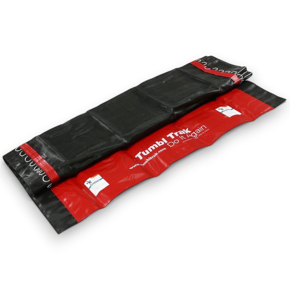 UK Gym Pits Tumbl Trak replacement bed featuring a durable black mesh surface and red reinforced edges
