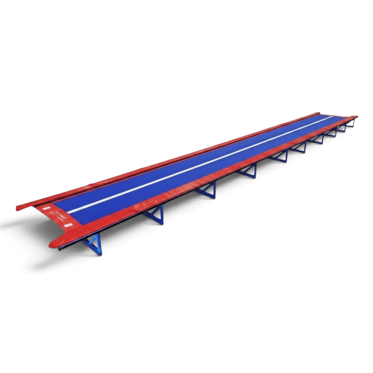 UK Gym Pits Tumbl Trak replacement bed featuring a blue jumping surface with red side padding on a metal frame