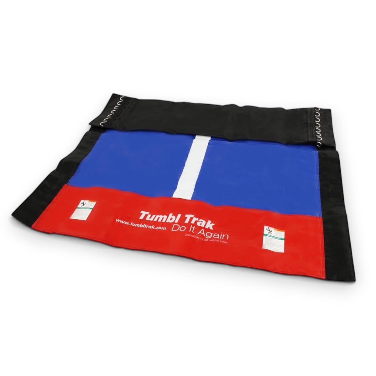 UK Gym Pits Tumbl Trak replacement bed featuring blue, red, and black durable vinyl with a central white guide line.