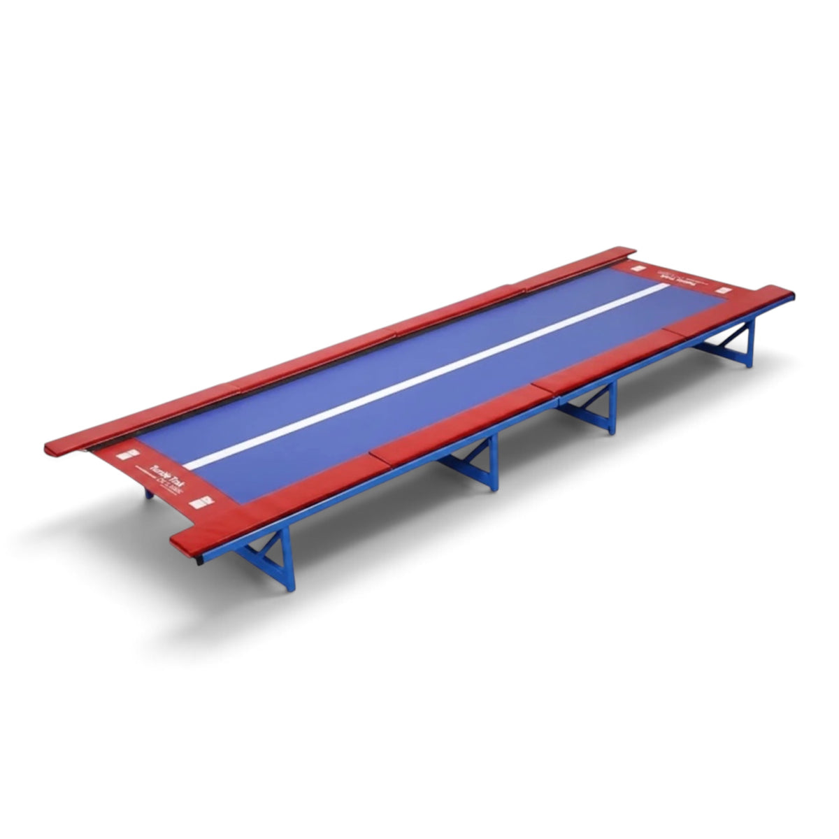 UK Gym Pits Tumbl Trak replacement bed with blue jumping surface, white center line, and red padded frame edges.