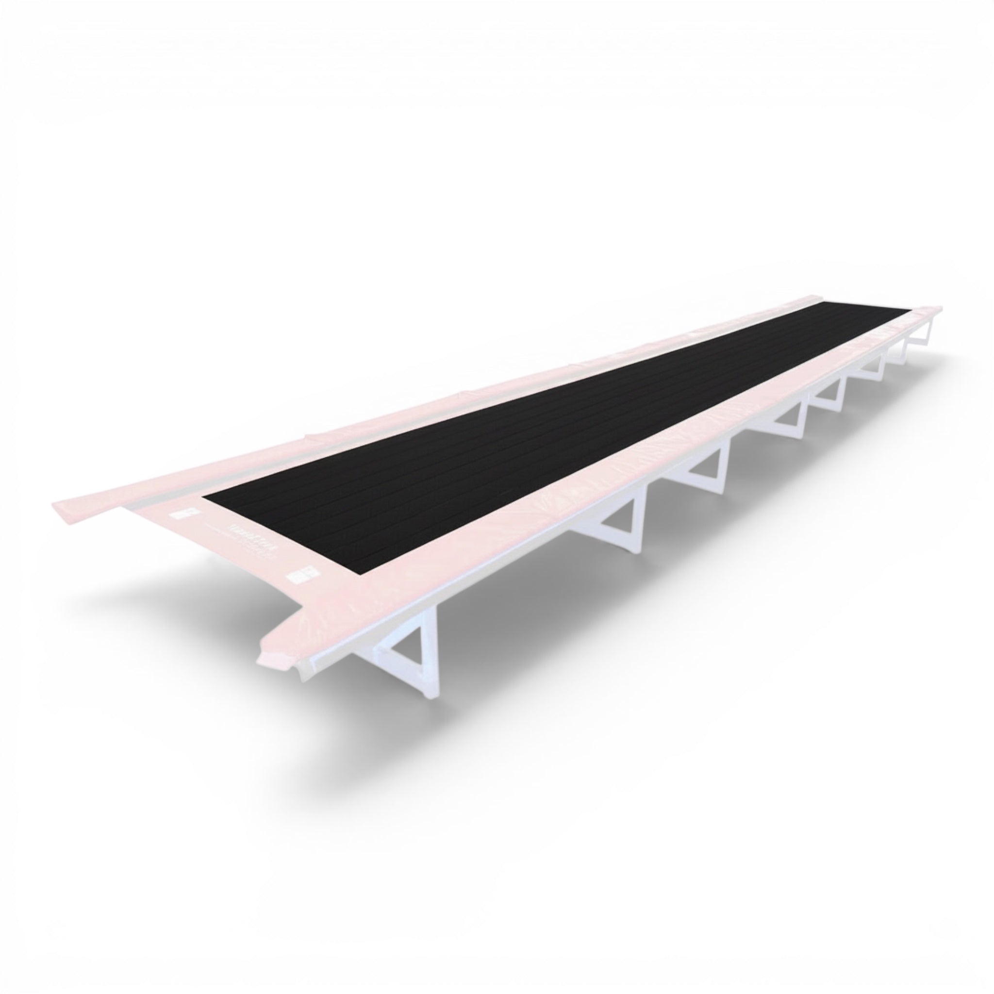 UK Gym Pits 9 metre Tumbl Trak replacement bed with a black jumping surface and red frame padding.