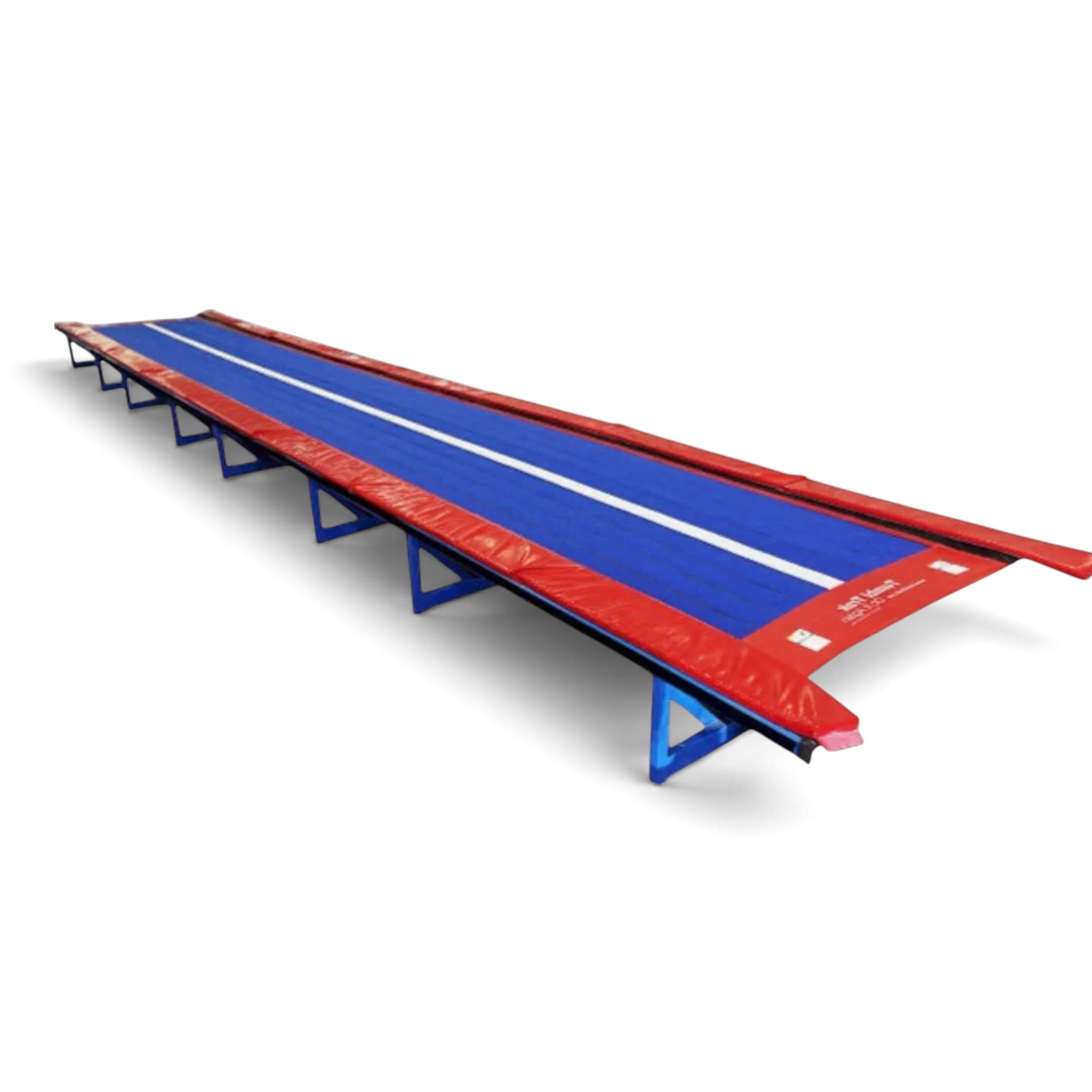 UK Gym Pits Tumbl Trak Transition with blue carpeted bed, white center line, and red protective safety pads.