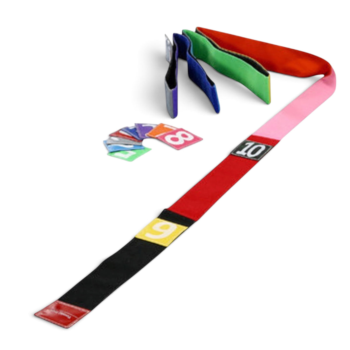 UK Gym Pits Tumble Straight Package with multi-colored 6m tumble tape, Velcro number markers, and two fun sticks.