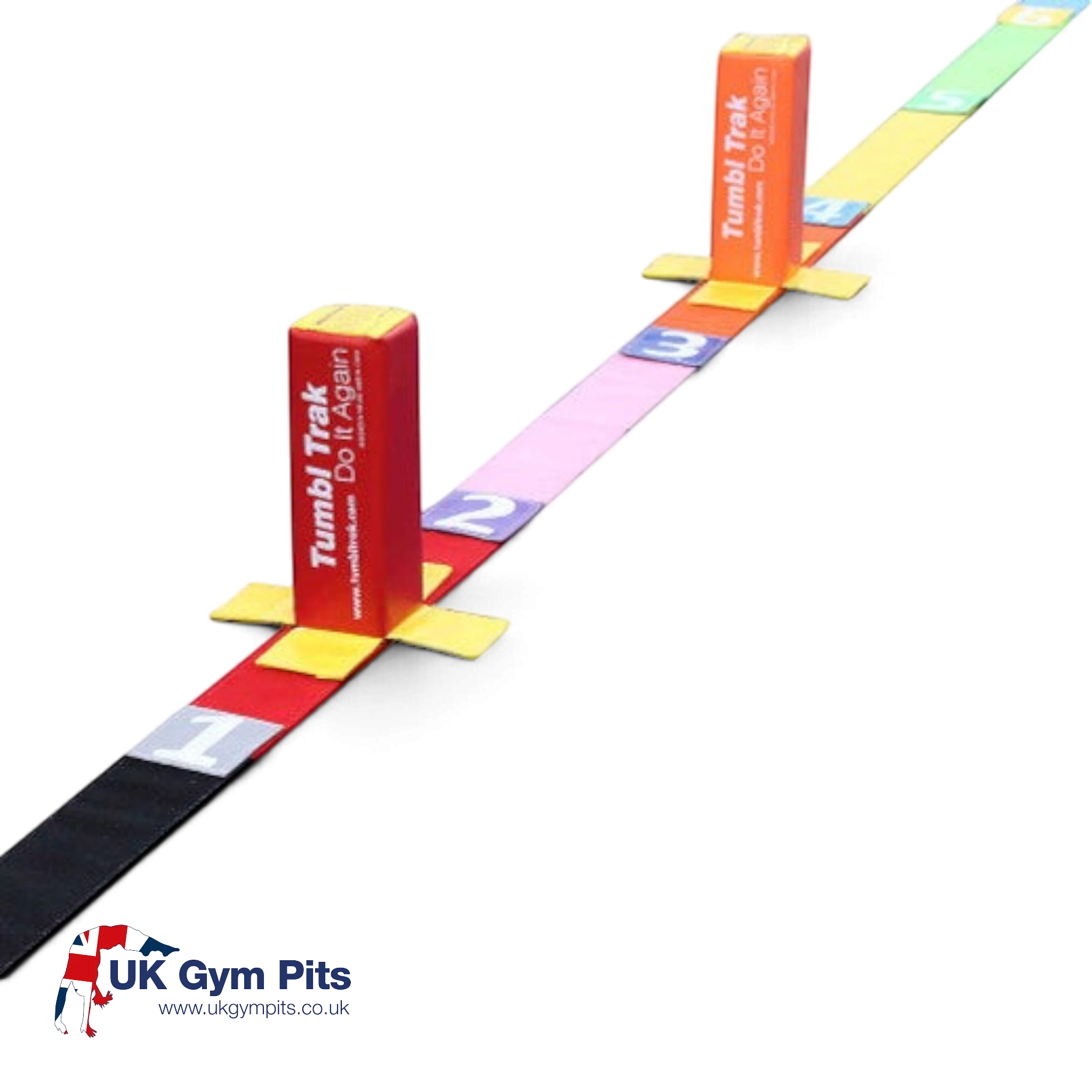 UK Gym Pits Tumble Straight Package with multi-coloured tumble tape, numbered Velcro markers, and two fun sticks.