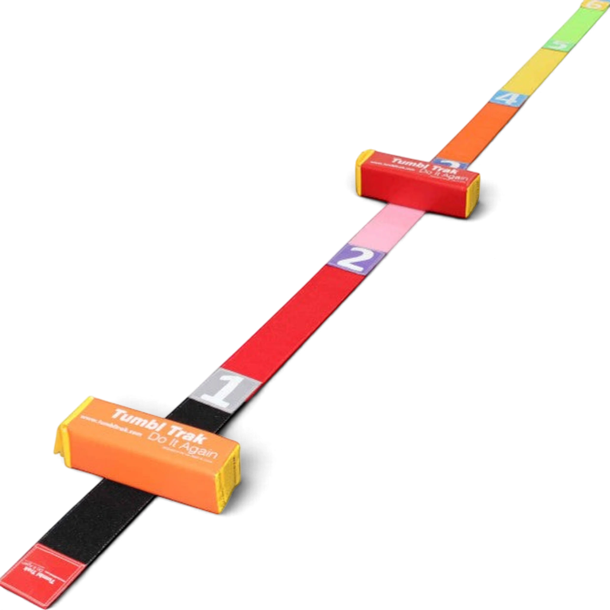 UK Gym Pits Tumble Straight Package with multi-colored 6m tumble tape, numbered Velcro patches, and two fun sticks.