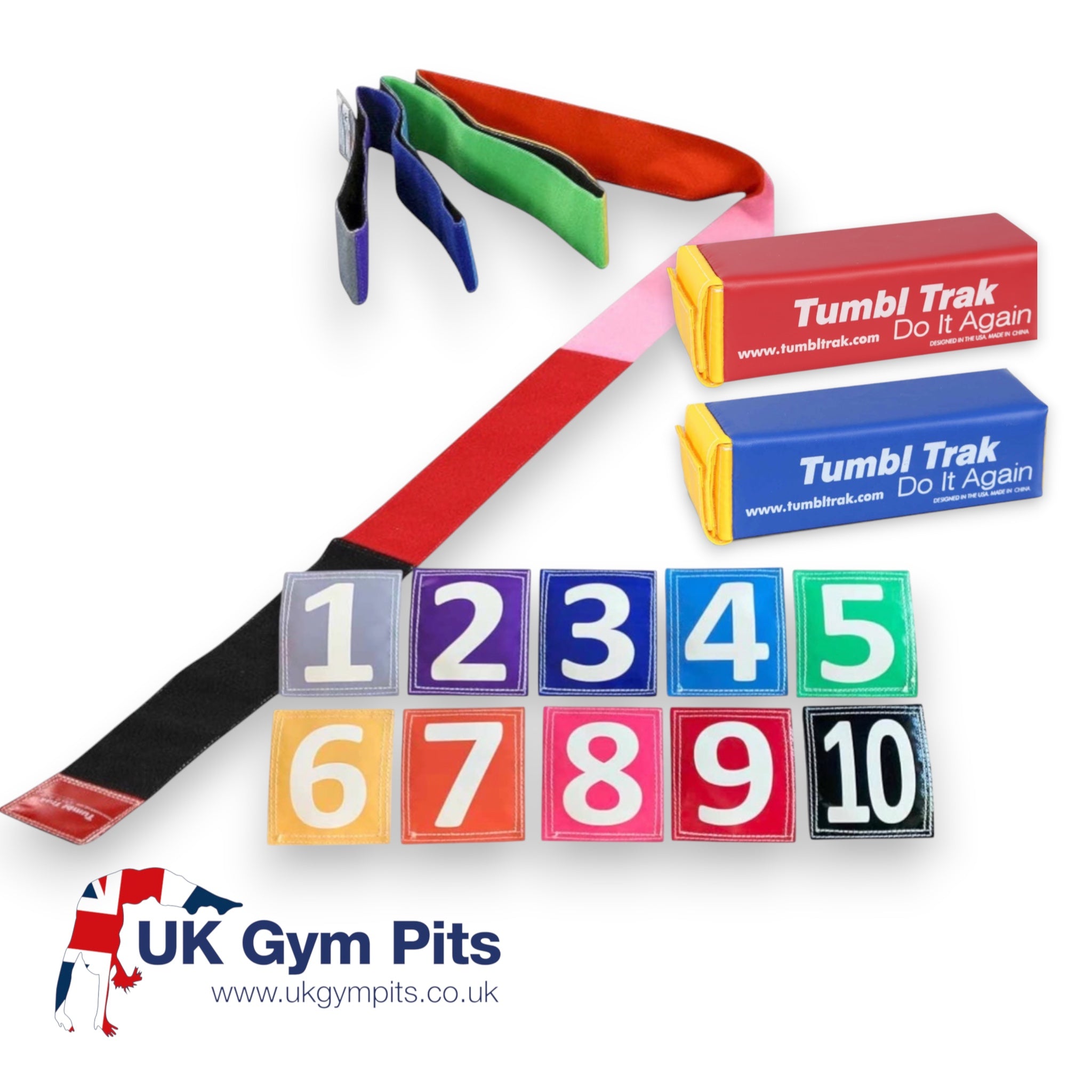 UK Gym Pits tumble straight package with multi-coloured tape, numbered velcro squares, and two foam fun sticks.