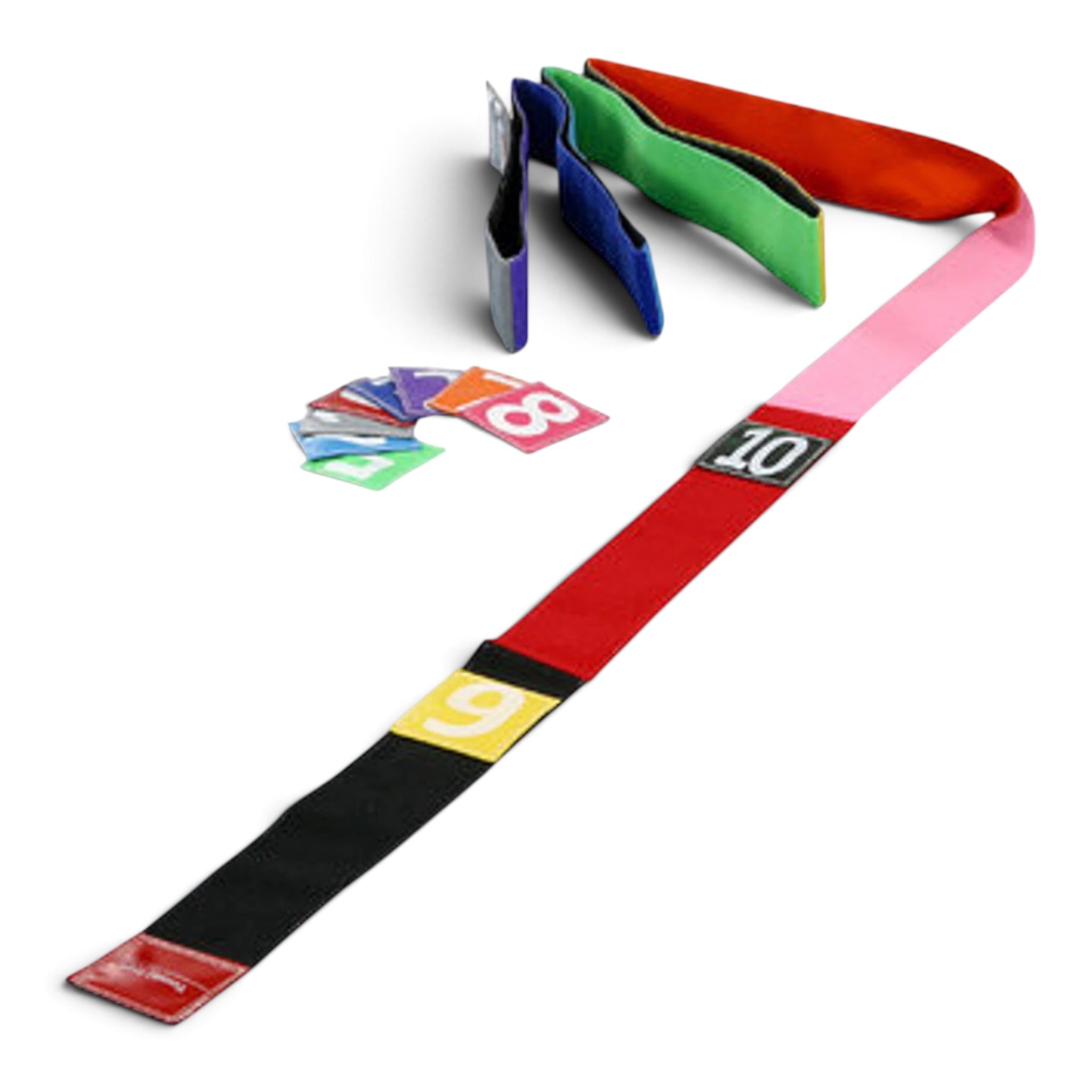 UK Gym Pits colourful 6m tumble tape with Velcro loop surface and numbered markers for gymnastics training