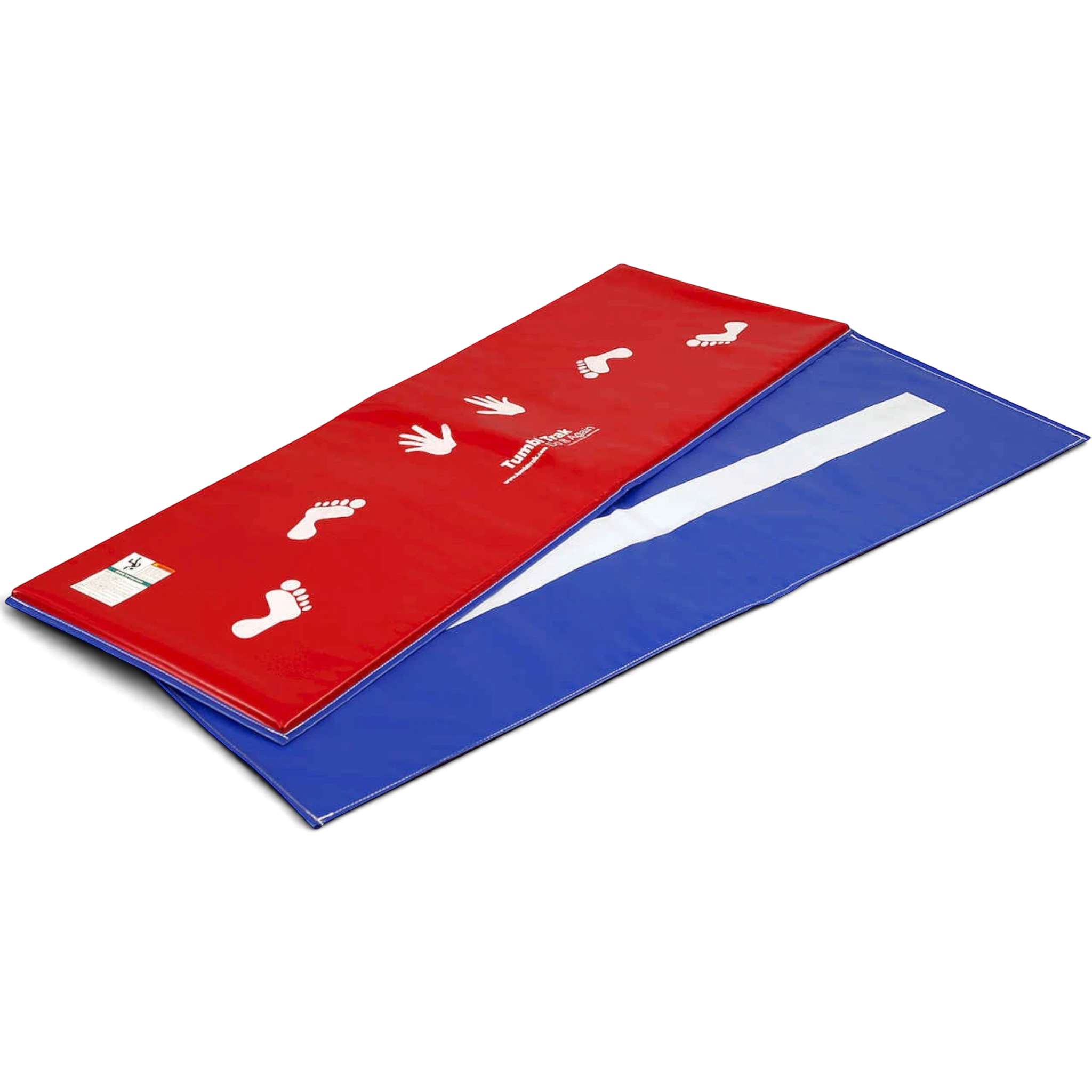 UK Gym Pits red and blue vinyl tumbling mat with white practice beam stripe and hand and foot cartwheel guides
