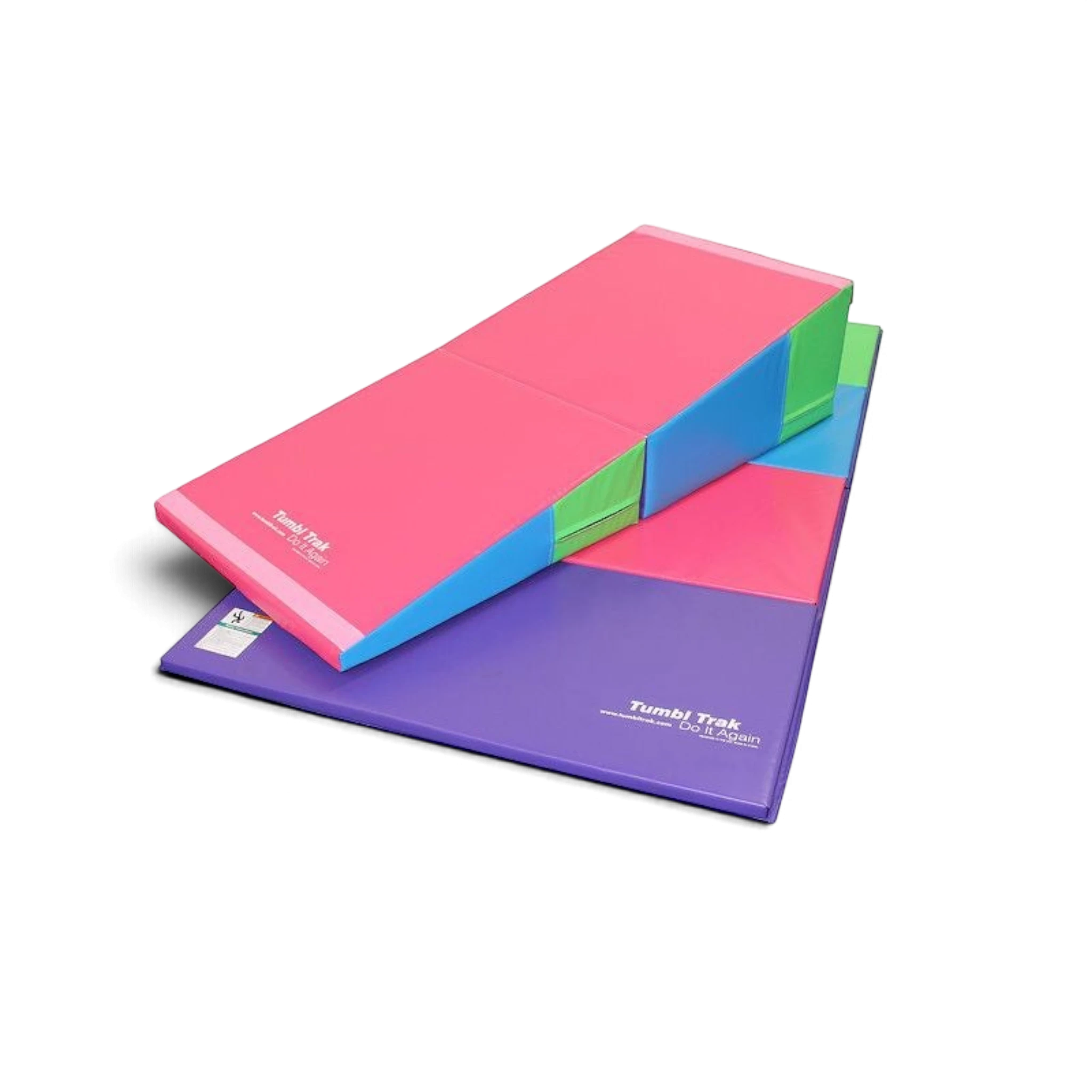 UK Gym Pits essential tumbling package featuring a colourful folding incline mat and a purple folding panel mat