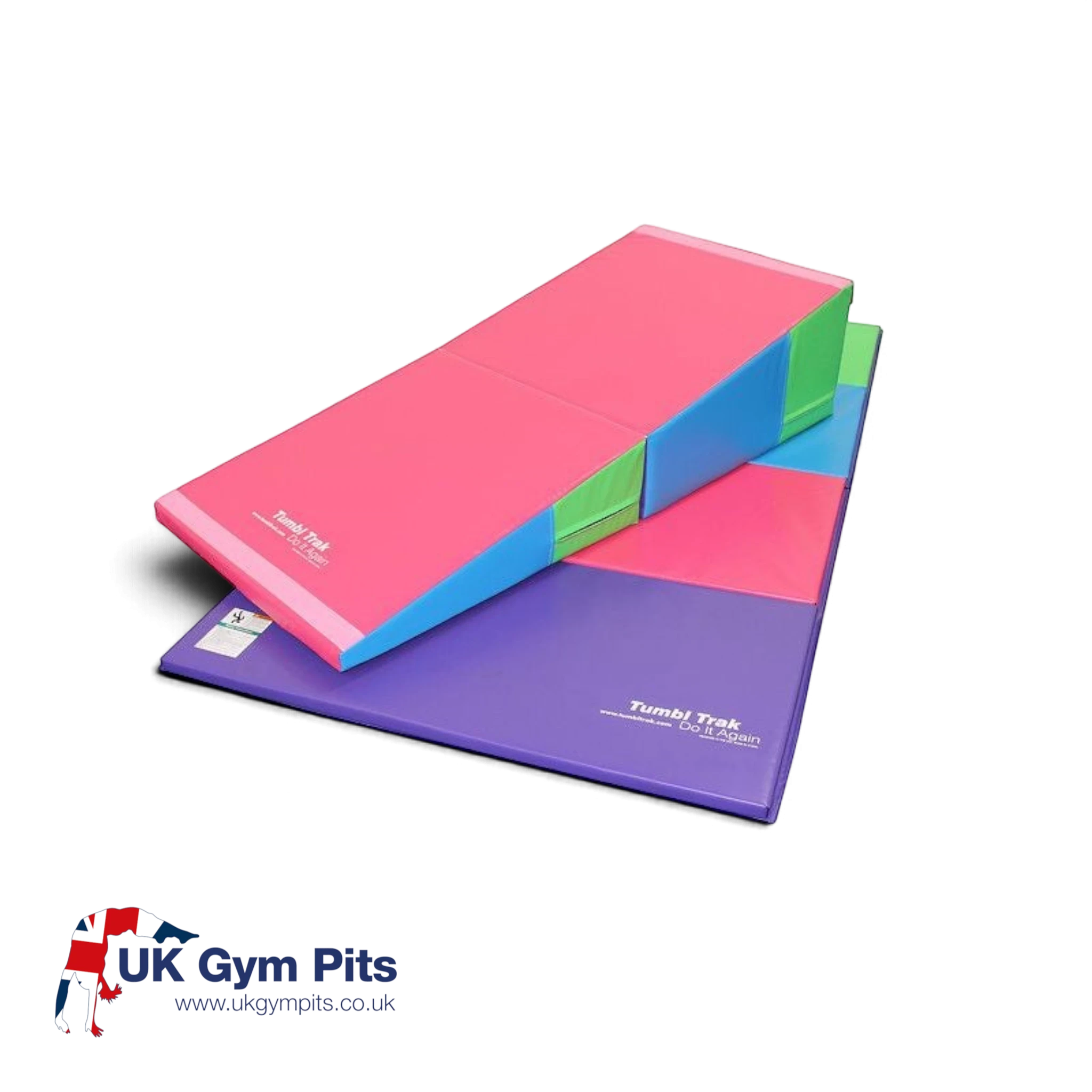 UK Gym Pits essential tumbling package with a pink folding incline mat and a purple folding panel tumbling mat.