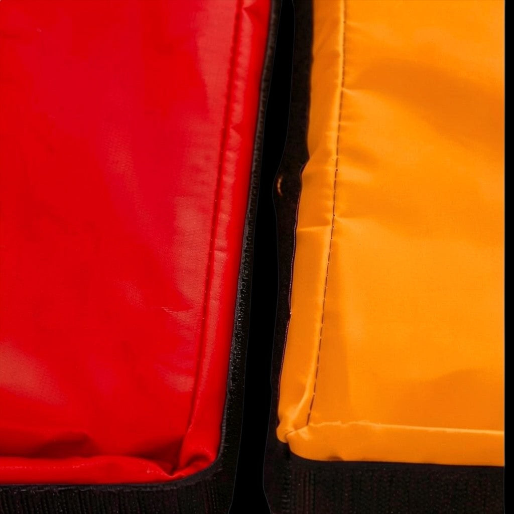 UK Gym Pits red and yellow PVC tumbling play mats with Velcro connectors for joining soft play surfaces