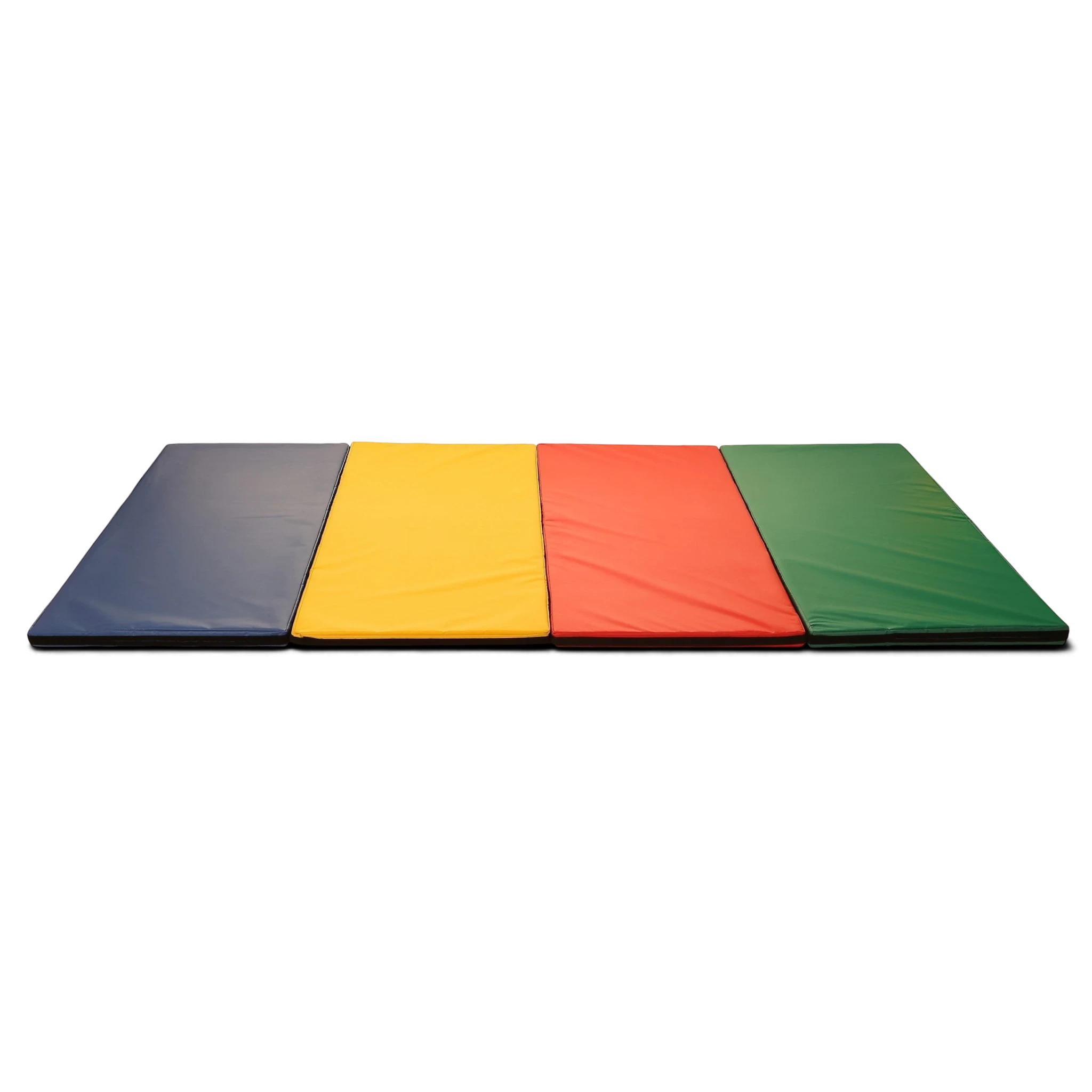 UK Gym Pits tumbling play mats in blue, yellow, red, and green PVC foam arranged in a row against a black background.