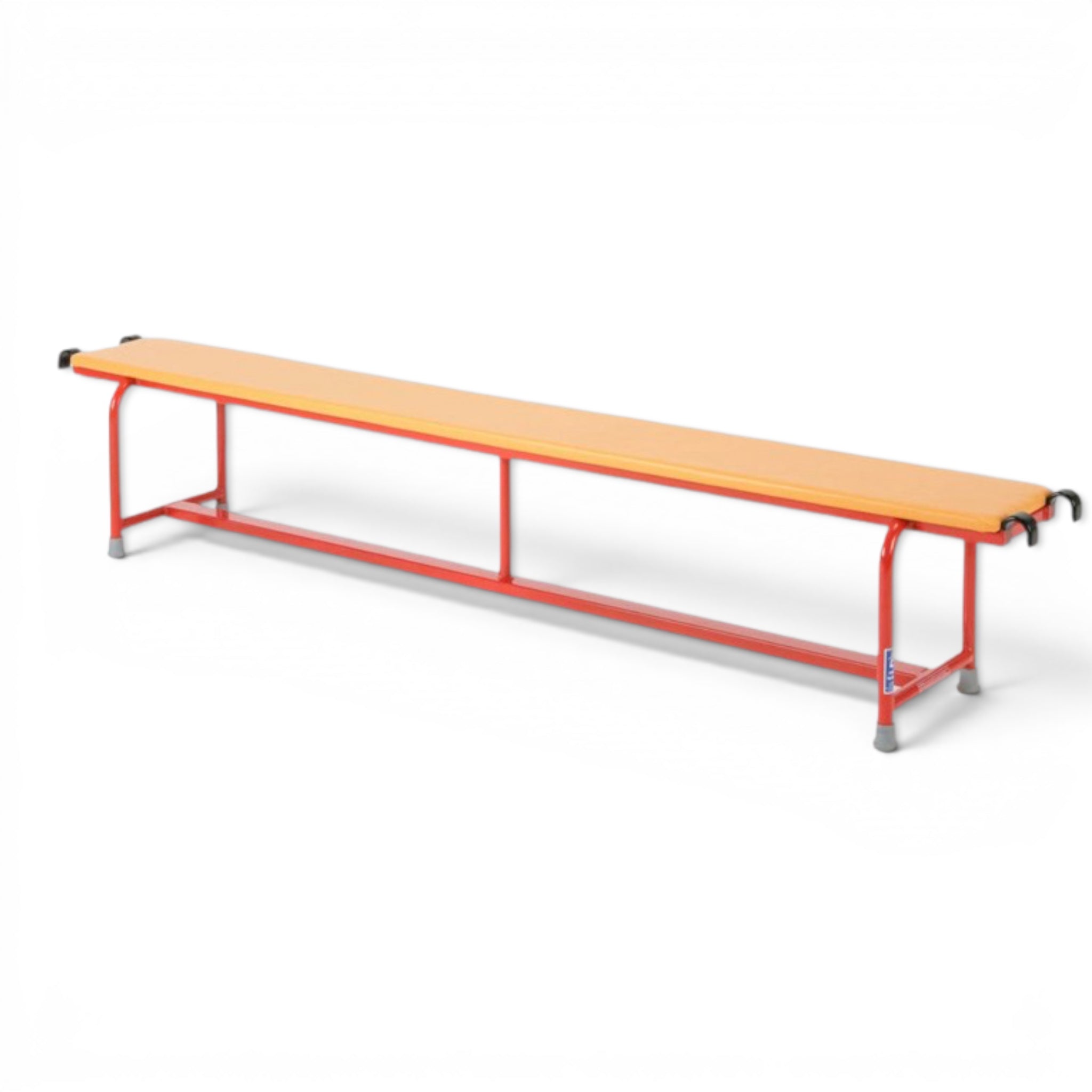 UK Gym Pits upholstered steel gymnastics bench with an orange padded top and red frame for school agility training