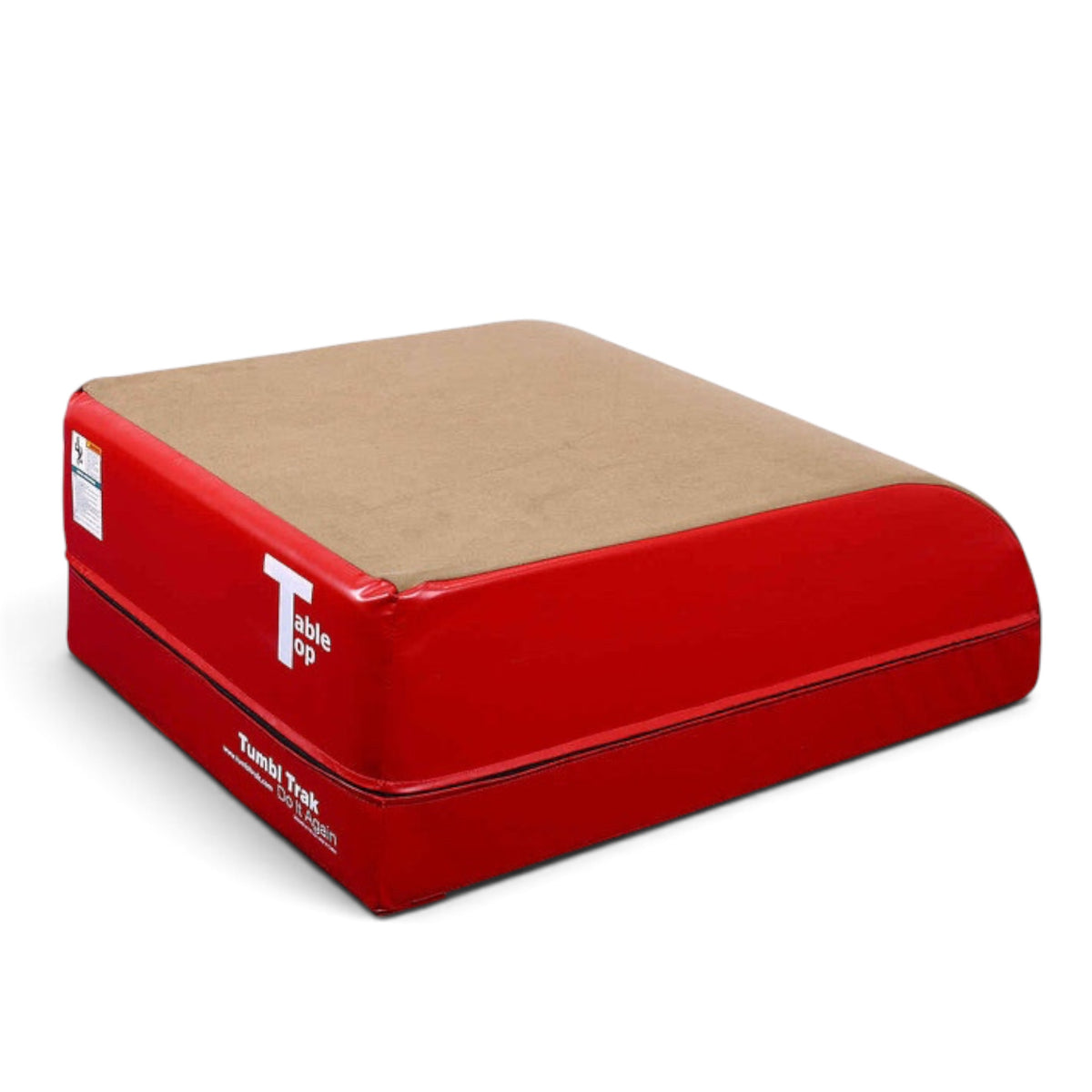 UK Gym Pits table top vault block with red vinyl sides and a tan synthetic suede top for gymnastics training.