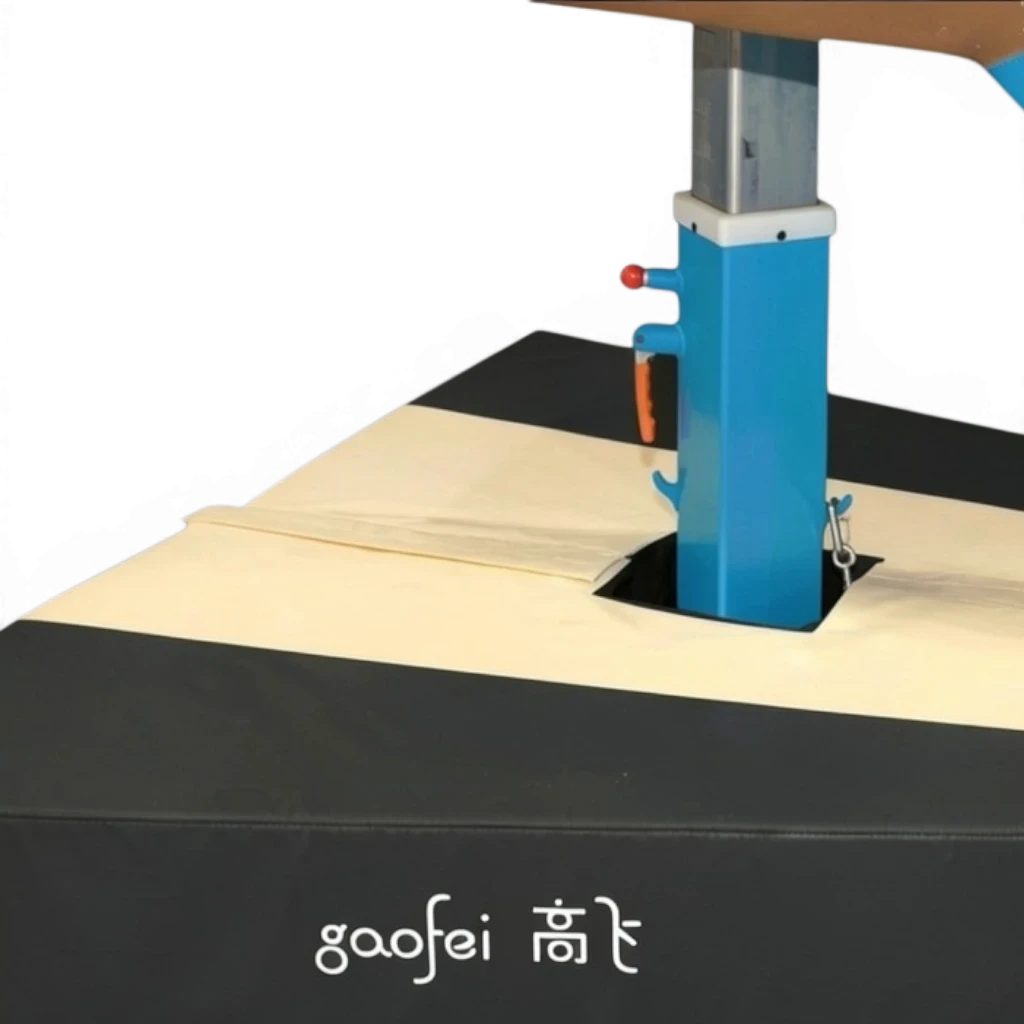 UK Gym Pits Gaofei vault table base safety mat in black and beige with Velcro closure around a blue vault leg