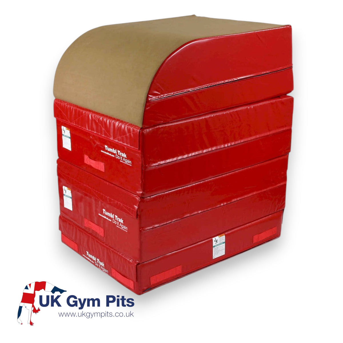 UK Gym Pits men's table top vault package with red vinyl base blocks and a tan synthetic suede top for gymnastics training