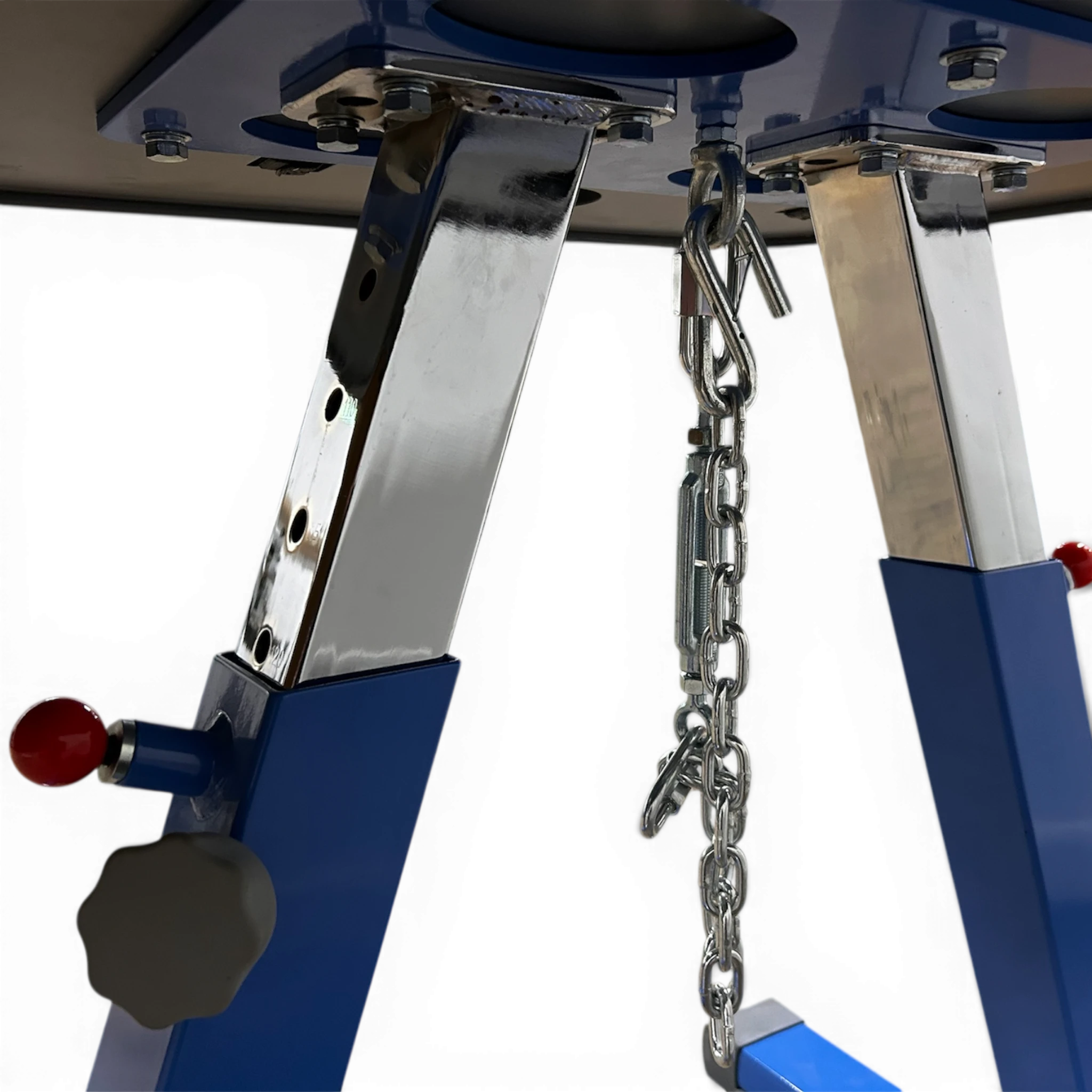 UK Gym Pits Gaofei vaulting table showing the adjustable steel frame, tension chain system, and blue support legs.