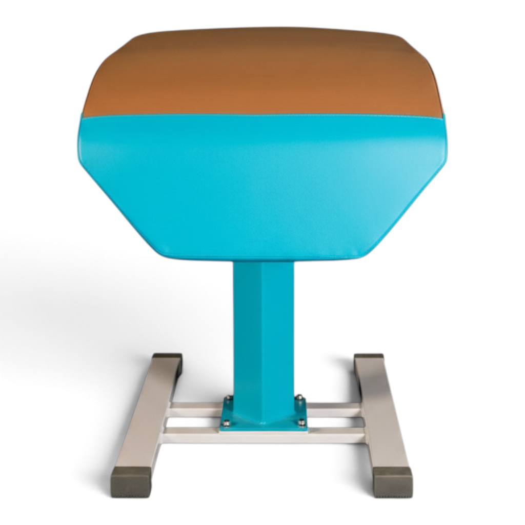 UK Gym Pits FIG approved vaulting table with a blue and tan padded top, adjustable height, and sturdy steel base.