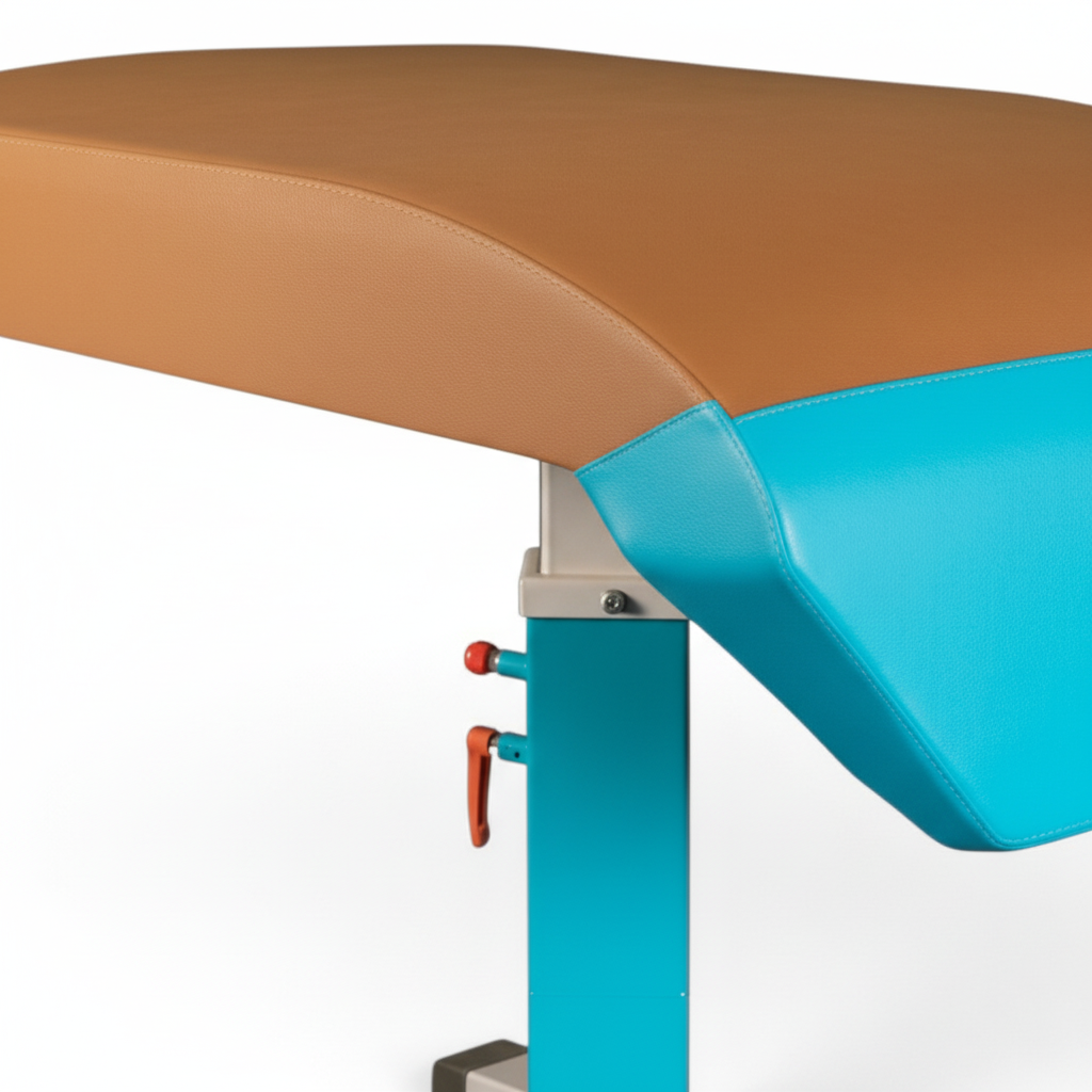 UK Gym Pits FIG approved vaulting table with tan leatherette top and bright blue shock-absorbing front section.
