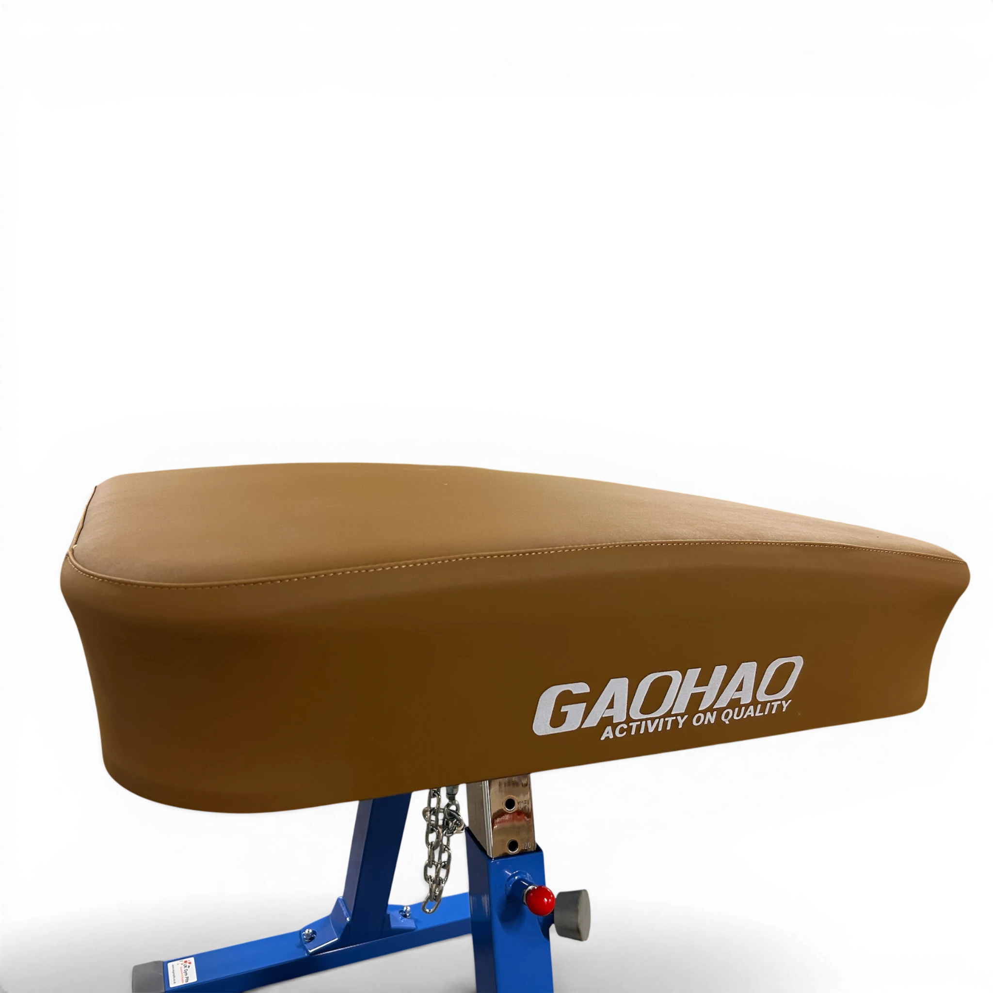 UK Gym Pits Gaofei vaulting table with tan leatherette body and blue steel frame for gymnastics training