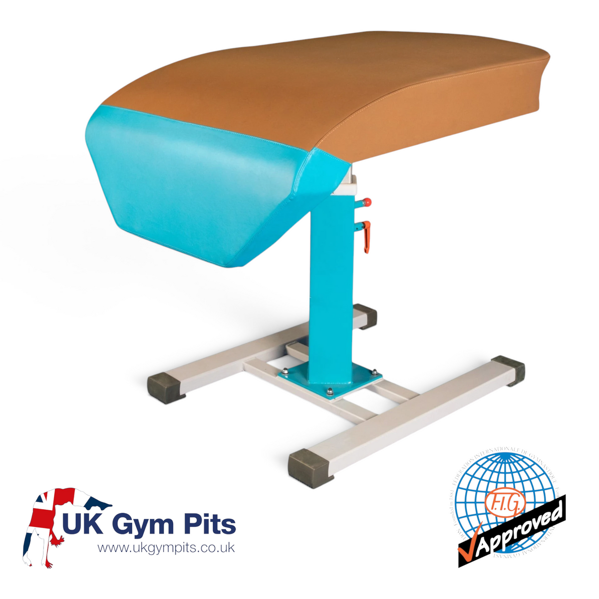 UK Gym Pits FIG approved vaulting table with brown leatherette top, blue front section, and adjustable steel frame.