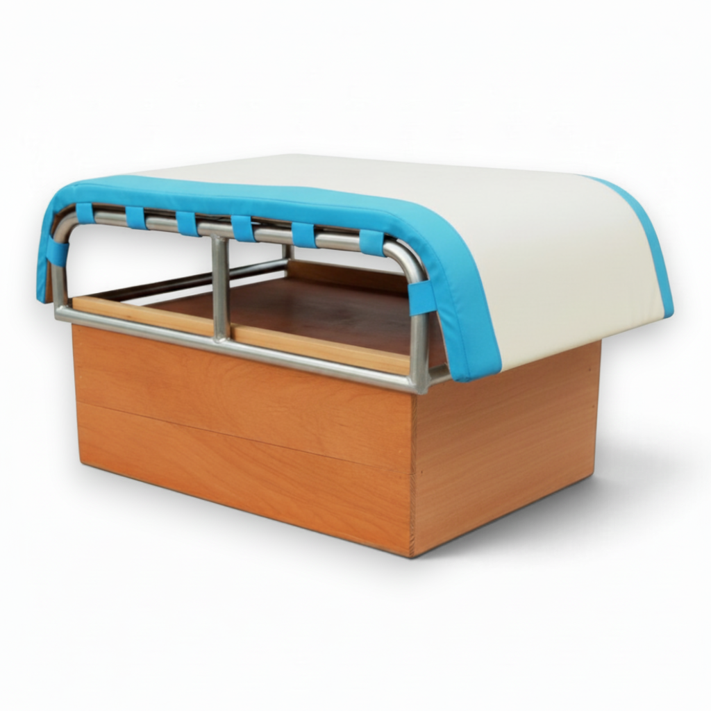UK Gym Pits Gaofei vaulting training table with white and blue PVC foam mattress on a wooden base