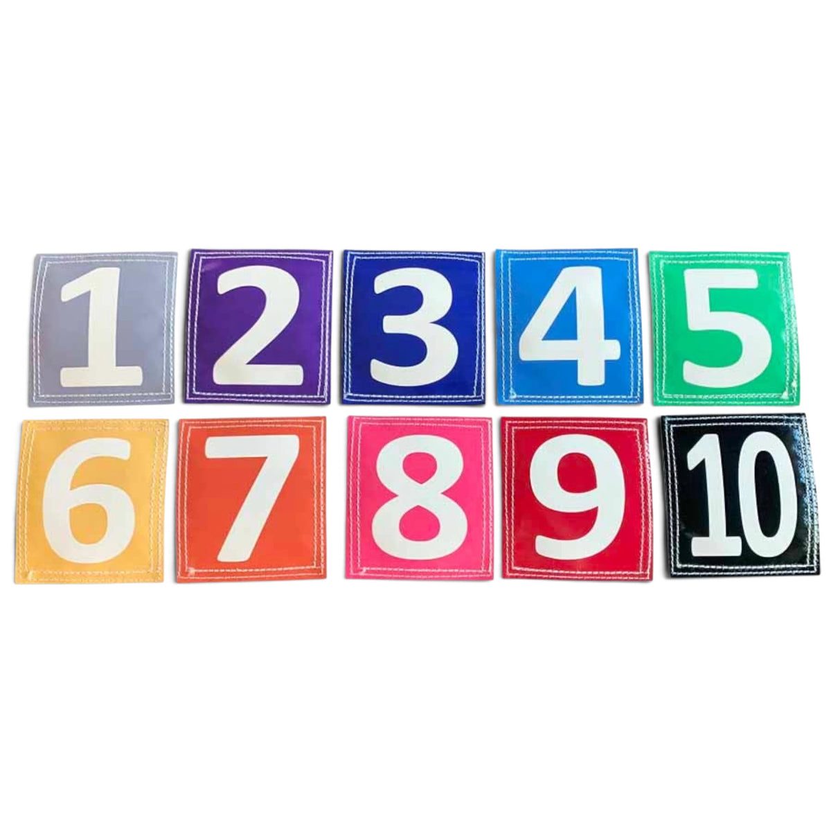 UK Gym Pits colourful Velcro number markers for gymnastics training, featuring numbers 1 through 10 on square patches.