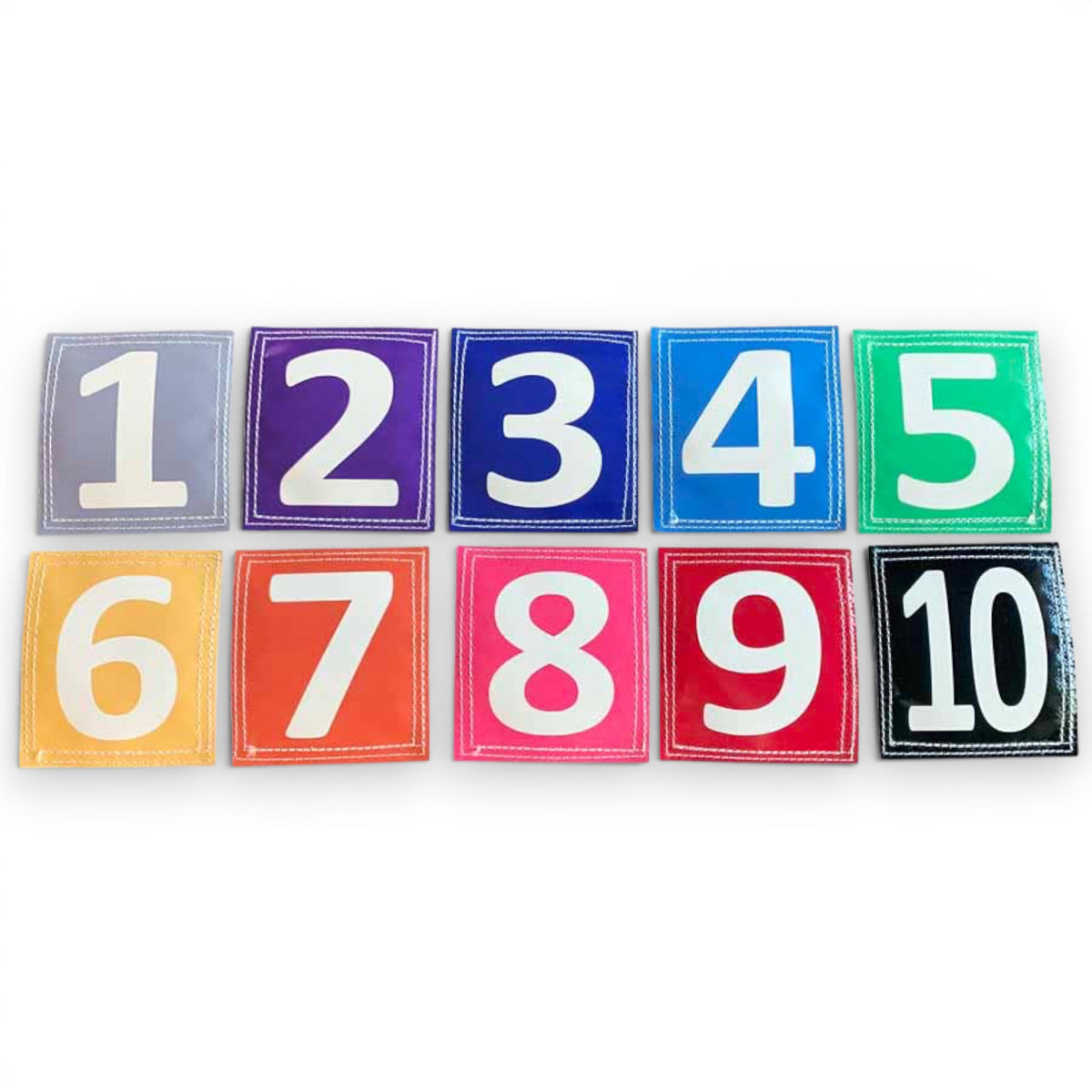 UK Gym Pits set of 10 colourful vinyl number squares with velcro backing for educational obstacle courses