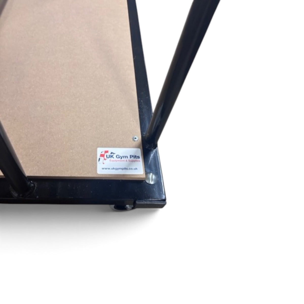 UK Gym Pits vertical mat trolley featuring a black metal frame and heavy duty castor wheels for gym equipment storage.