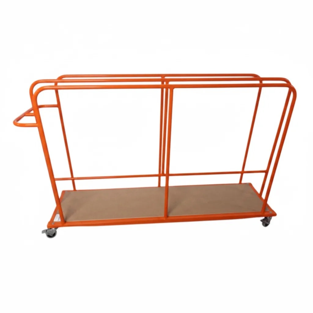 UK Gym Pits vertical mat trolley with an orange metal frame and heavy duty castors for gym equipment storage