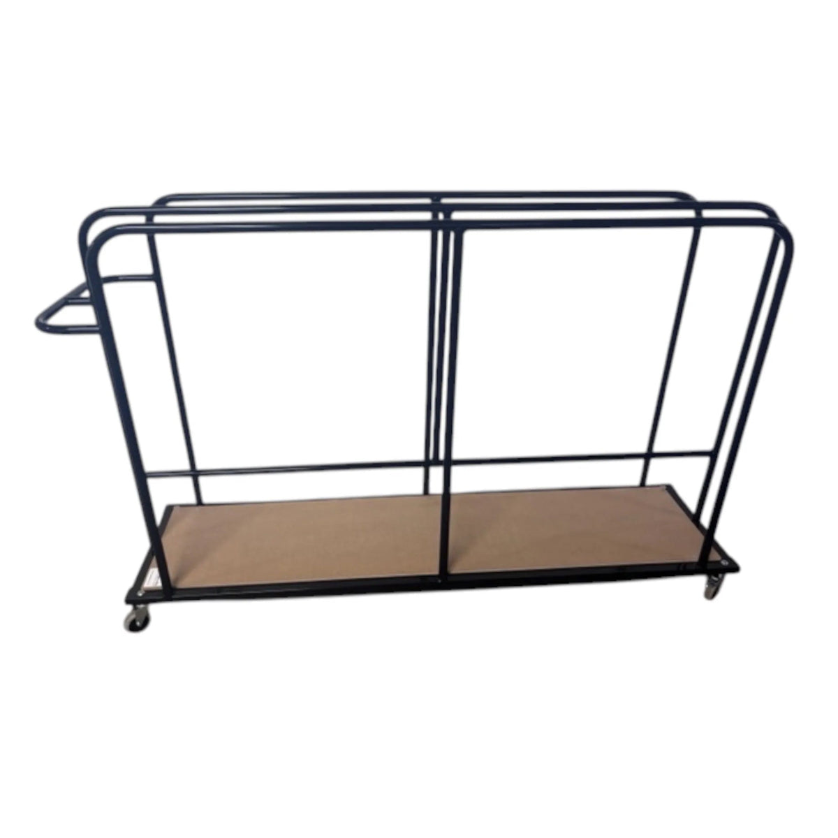 UK Gym Pits vertical mat trolley with a black metal frame and heavy duty castors for gym equipment storage.