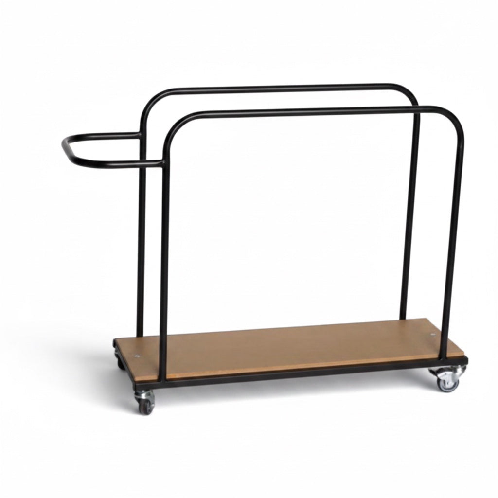 UK Gym Pits vertical mat trolley with a black metal frame, wooden base, and heavy-duty castors for gym storage.