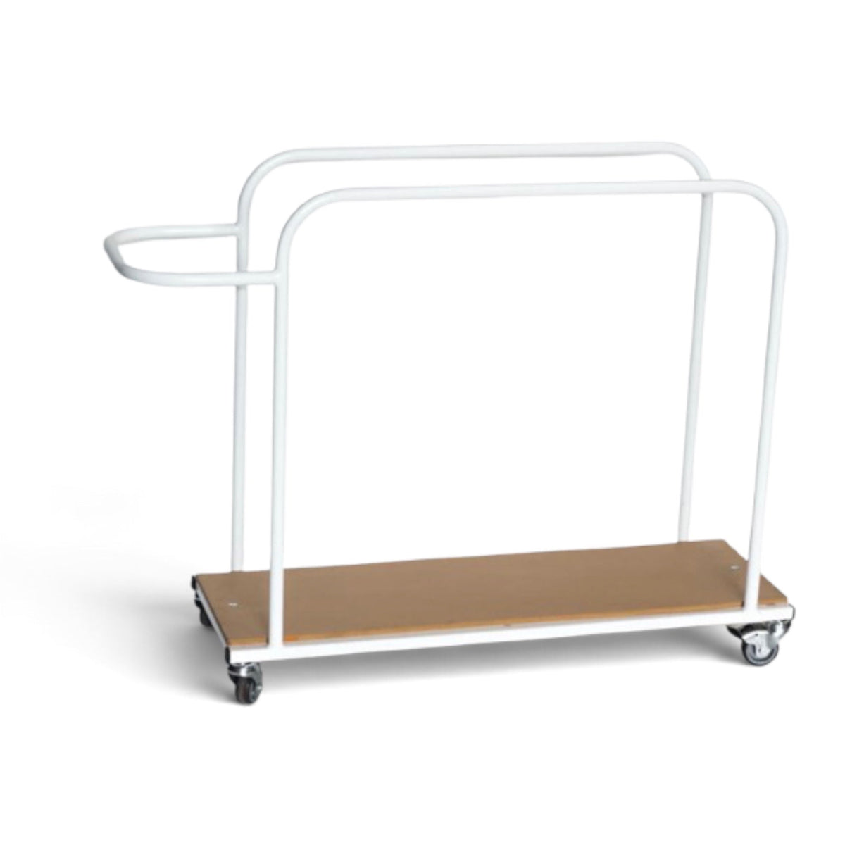UK Gym Pits vertical mat trolley with a white metal frame, wooden base, and heavy-duty castors for gym storage.
