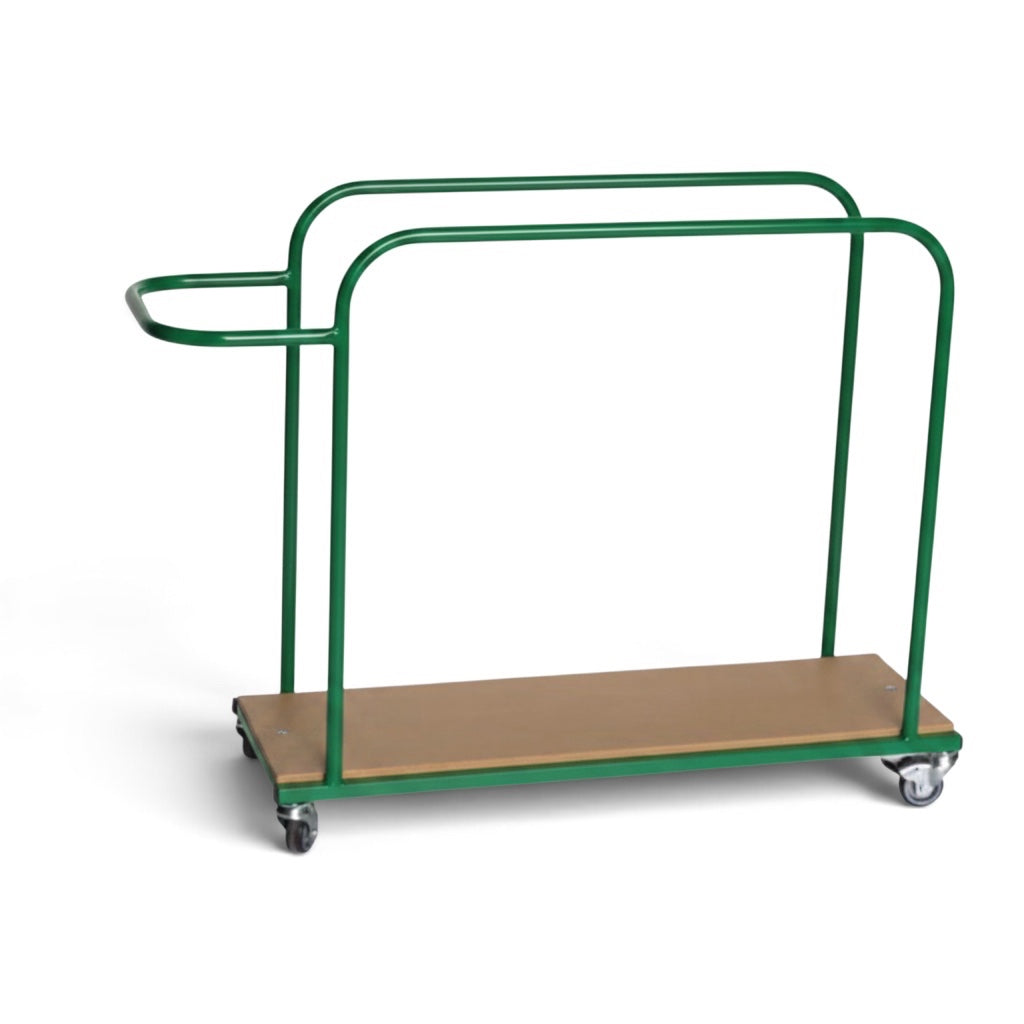 UK Gym Pits vertical mat trolley with a green metal frame and wooden base on heavy duty castors for gym storage.