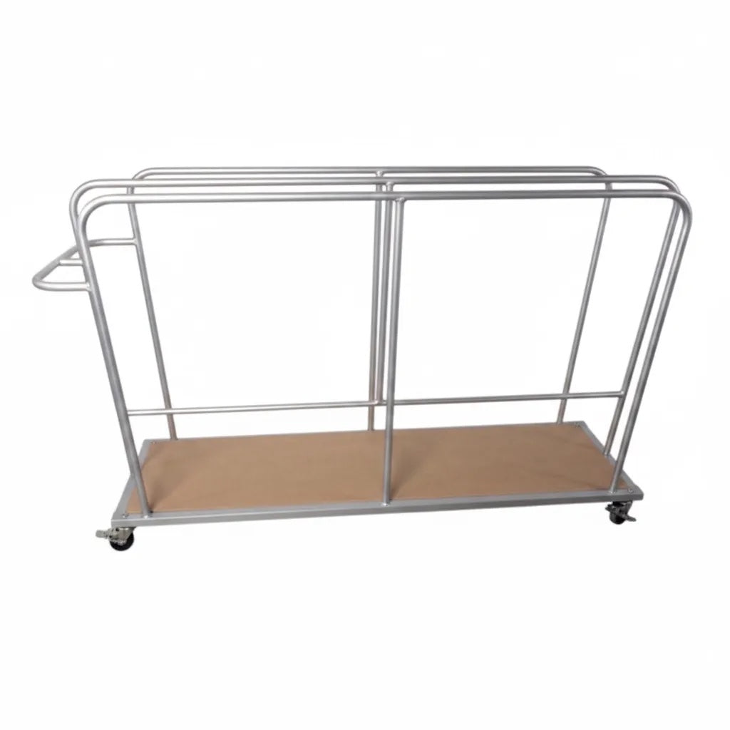 UK Gym Pits vertical mat trolley with a silver metal frame and heavy duty castors for gym equipment storage