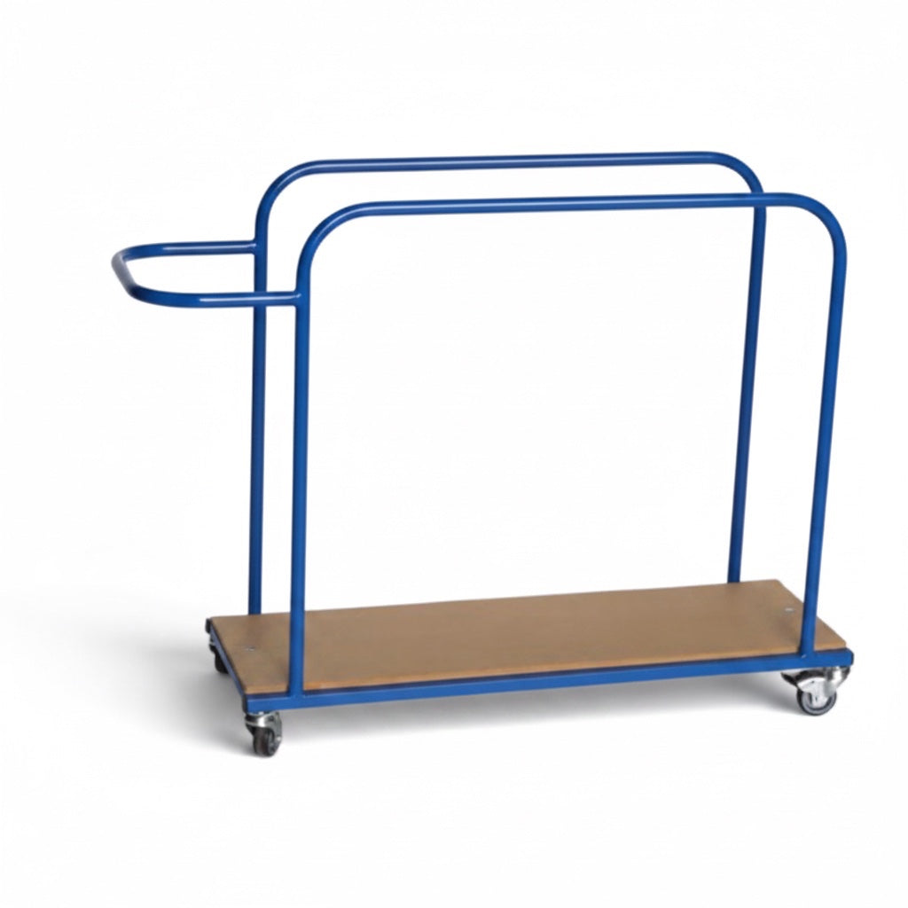 UK Gym Pits vertical mat trolley with a blue metal frame and heavy duty castors for gym equipment storage