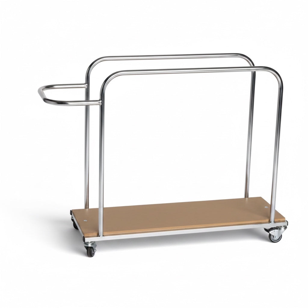 UK Gym Pits vertical mat trolley with a sturdy metal frame, wooden base, and heavy-duty castors for easy transport.