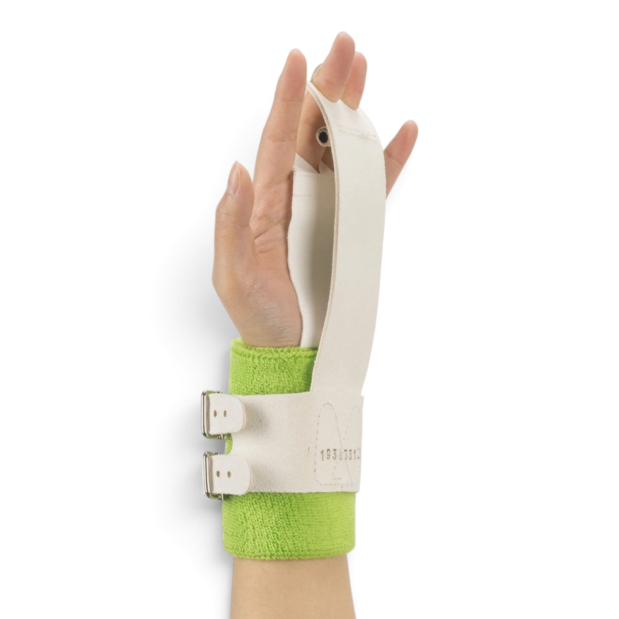UK Gym Pits white cotton tape grip worn on a hand with a lime green wristband for gymnastics protection
