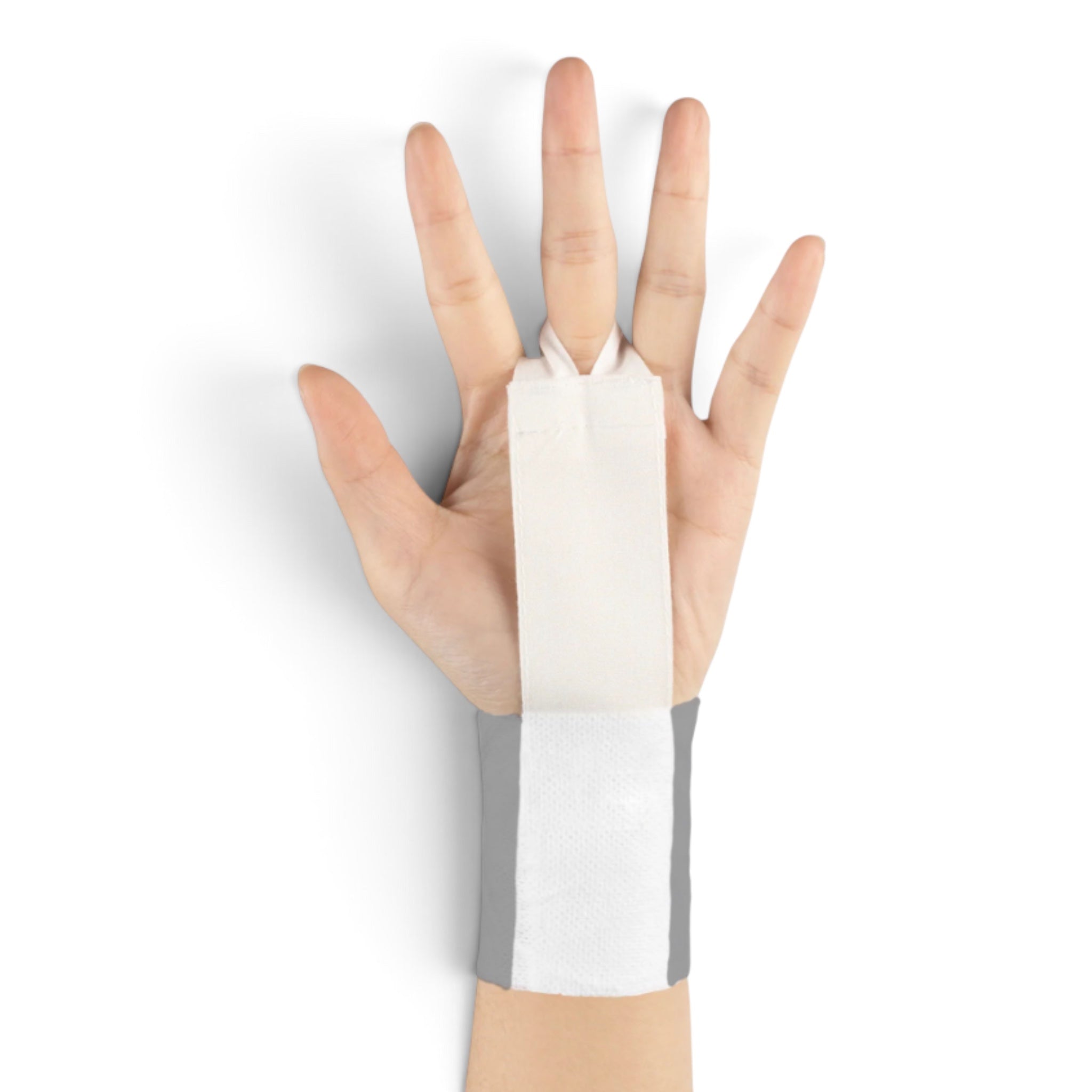 UK Gym Pits white cotton tape grips worn on a hand to provide protection and reduce skin irritation during gymnastics.