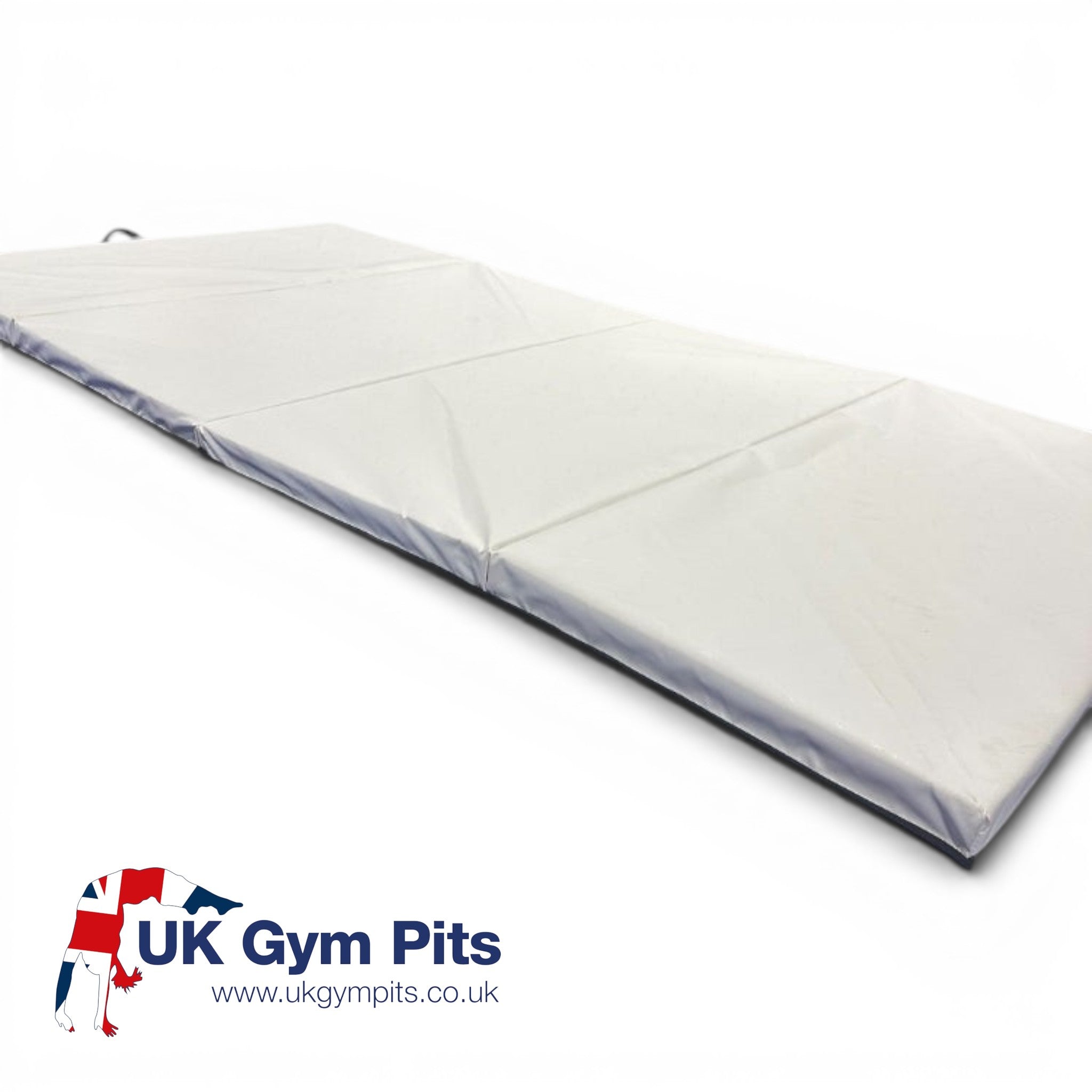 UK Gym Pits white foldable gymnastics mat made from durable PVC and foam, ideal for home or school exercise.
