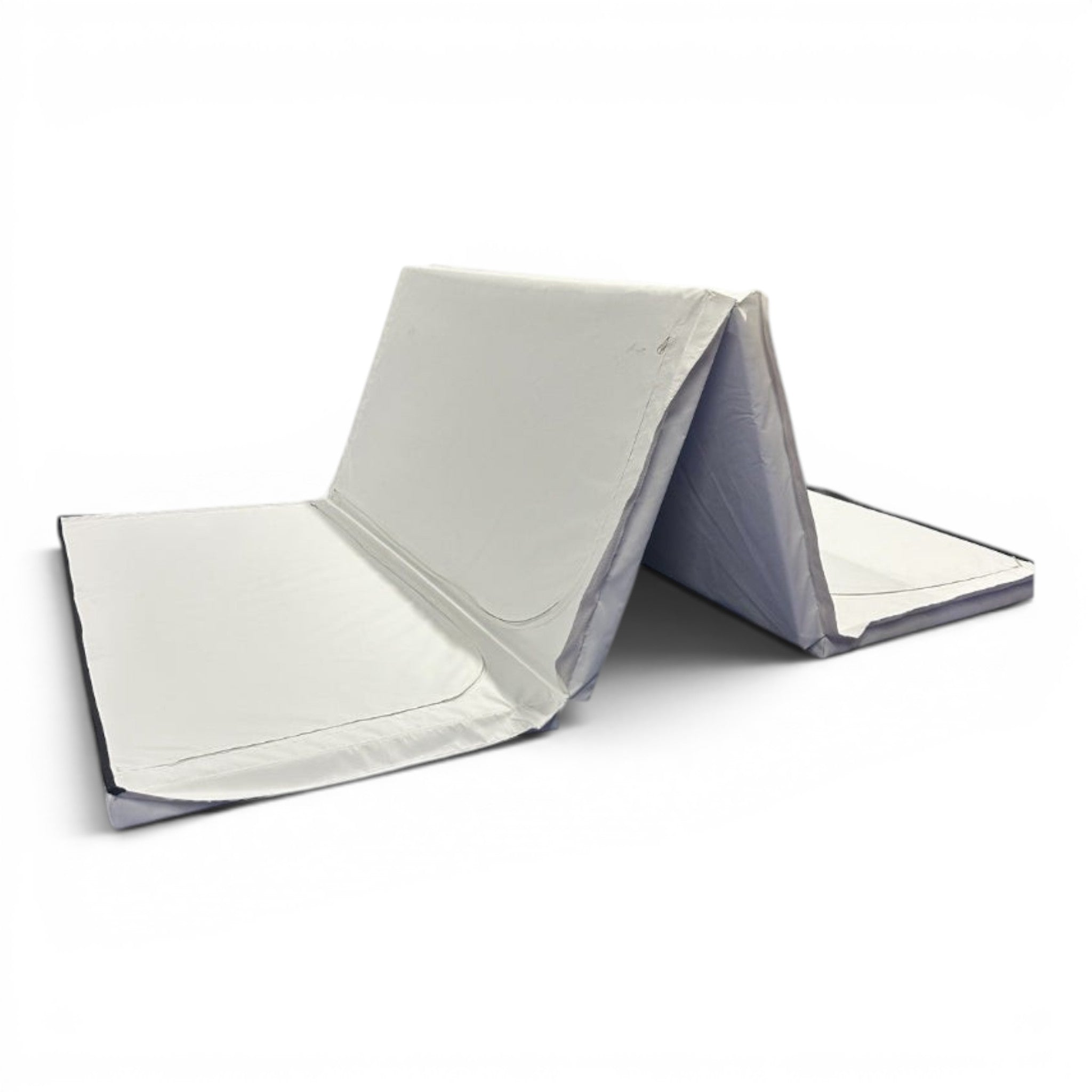 UK Gym Pits white foldable gymnastics mat made of durable PVC and foam, ideal for home or school exercise.