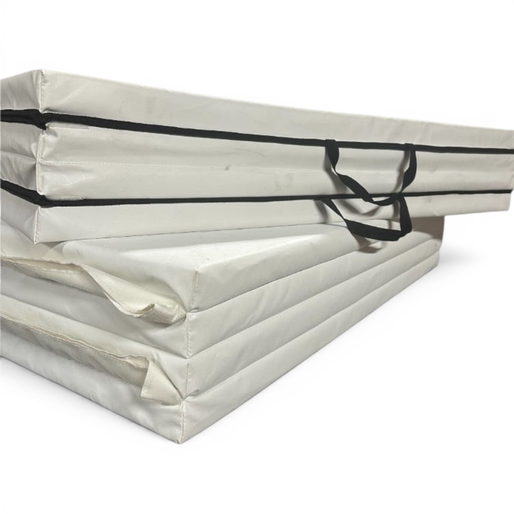 UK Gym Pits white foldable gymnastics mat made of durable PVC with a convenient carry handle for easy transport.