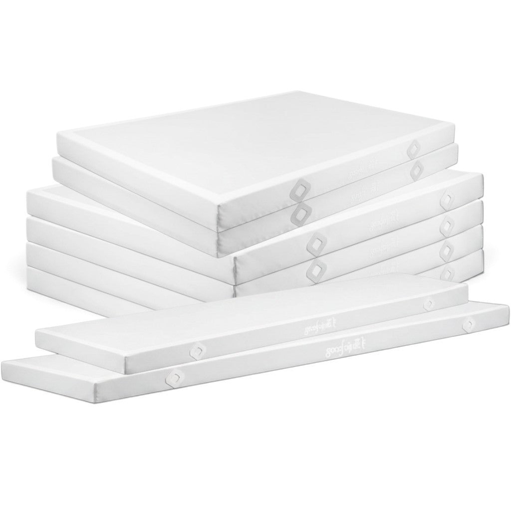 UK Gym Pits white parallel bars landing mats set with PVC vinyl finish and Velcro locking system for gymnastics.