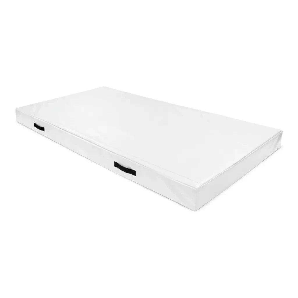 UK Gym Pits white FIG specification push-on safety mat with black side handles for trampoline landing support