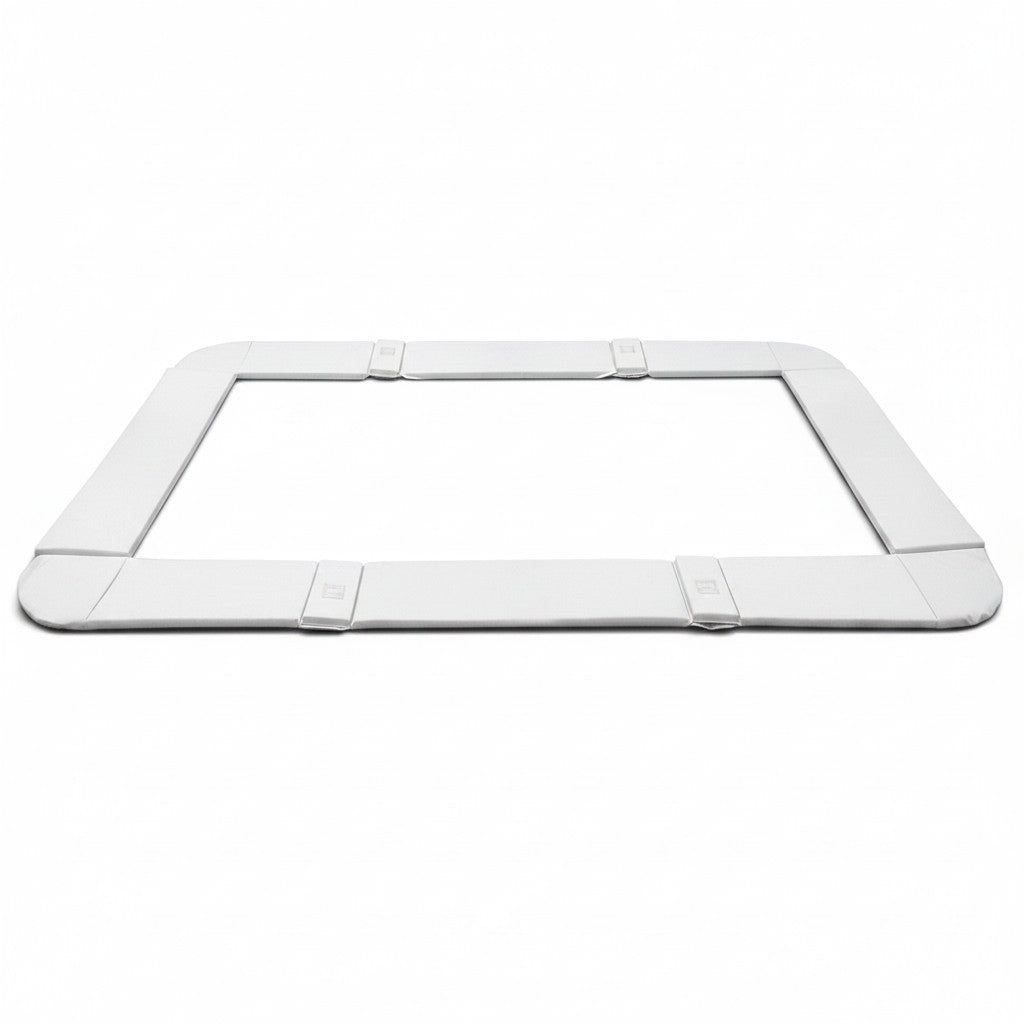 UK Gym Pits white PVC trampoline frame pads with 2.5cm thick foam padding and velcro straps for GM and GMEX models.