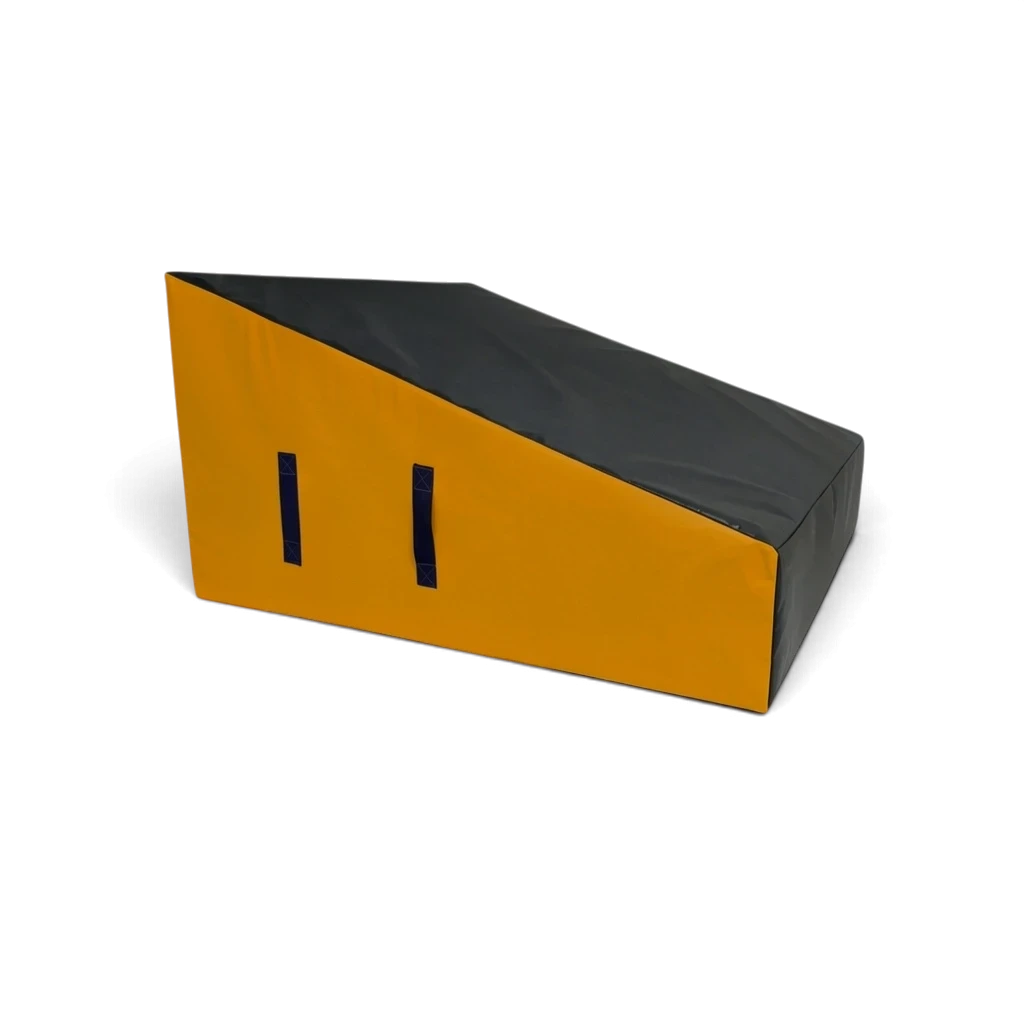 UK Gym Pits wide parkour wedge block in black and yellow with carry handles for freestyle gymnastics training