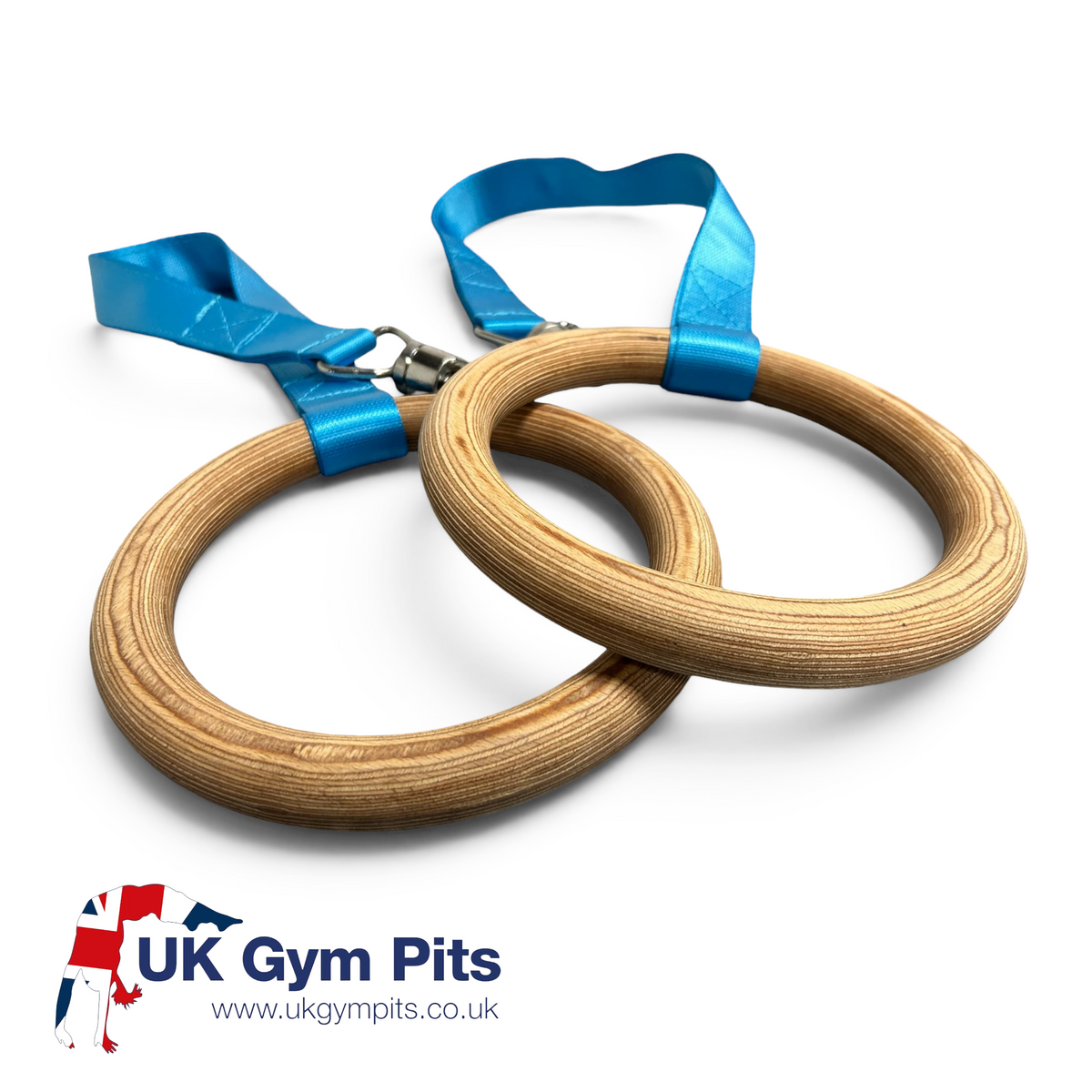 UK Gym Pits replacement gymnastics rings made of multi-layered beech wood with blue nylon straps and steel hardware