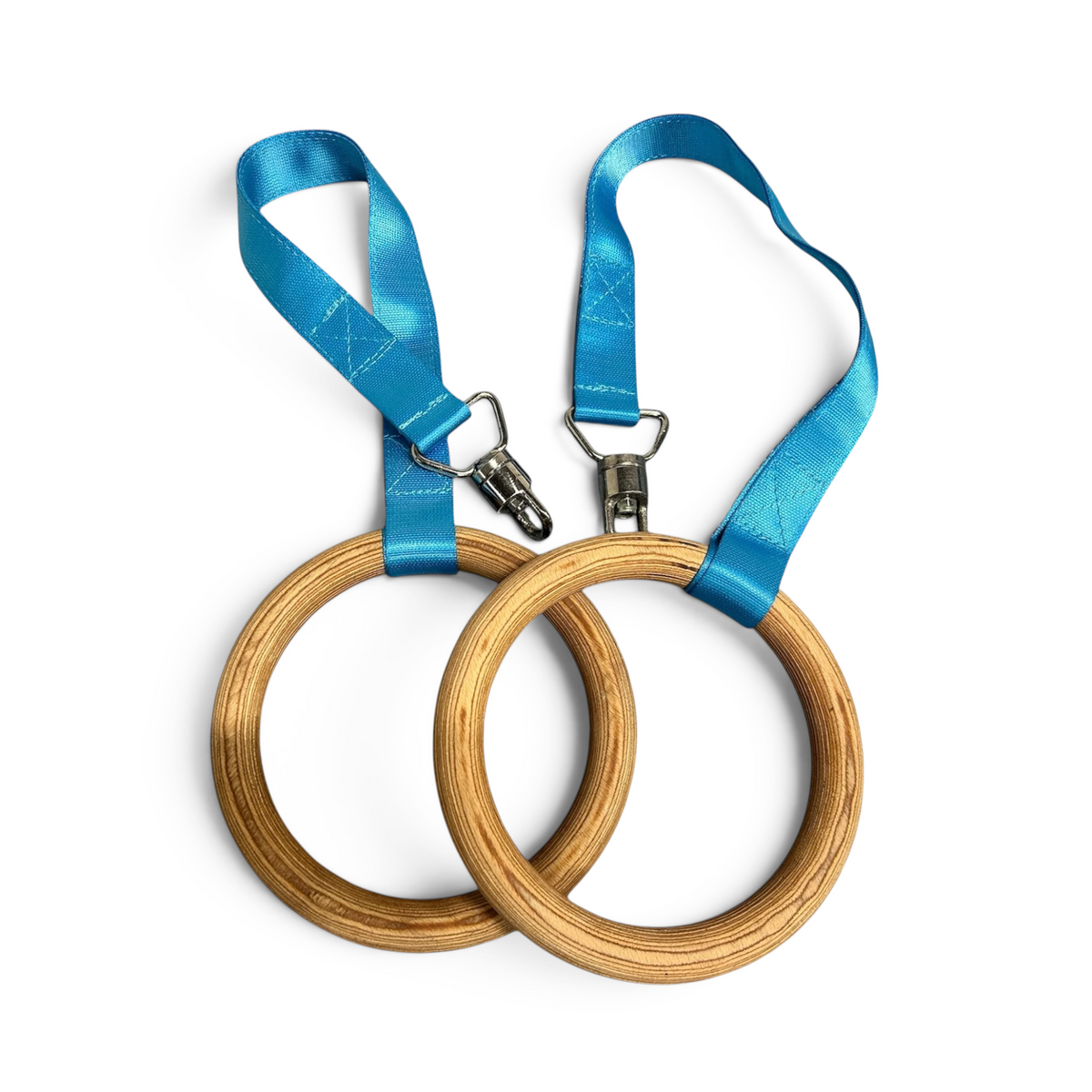 UK Gym Pits replacement gymnastics rings made of multi-layered beech wood with bright blue nylon attachment straps.