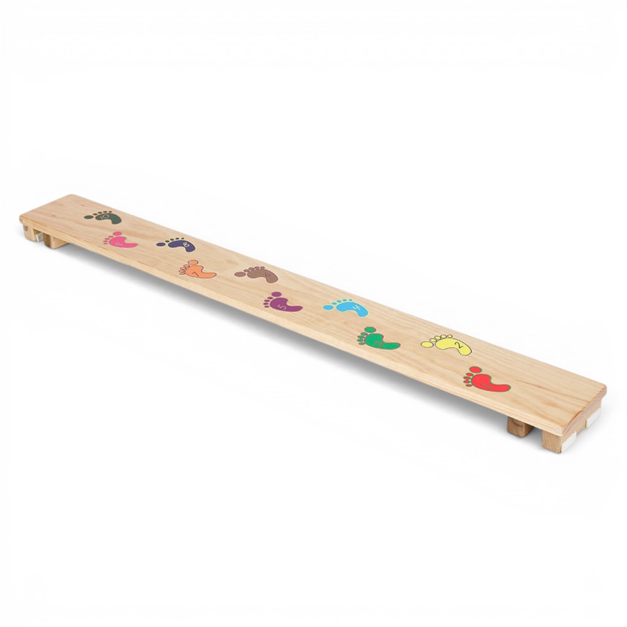 UK Gym Pits wooden foot plank with colourful numbered footprints for children's balance and agility training.